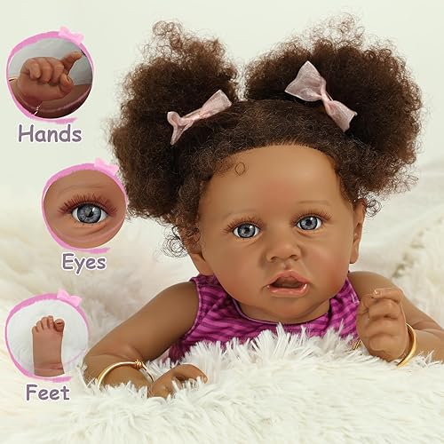 Miniatura 3 de Muñecas Reborn Baby Girl, muñeca realista de 22 pulgadas, muñeca realista afroamericana recién nacida Bebe Caramel de la vida real como muñecas de