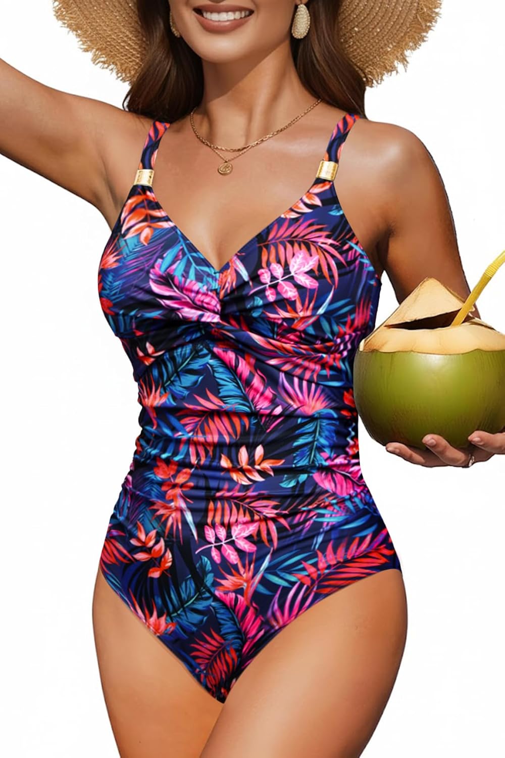 Daci Women's One Piece Swimsuit Tummy Control Bathing Suit Gold Metal Full Coverage Slimming Swimwear 2025