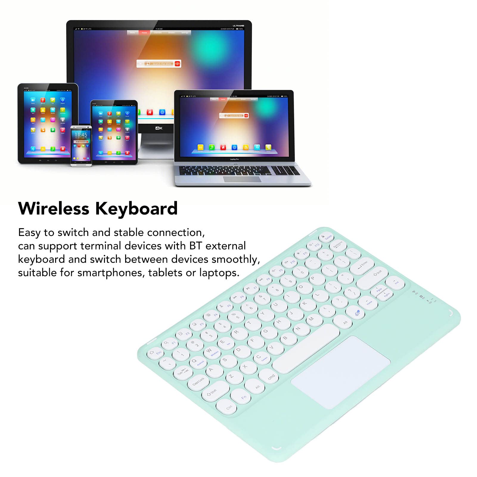 Zunate Tastiera Bluetooth Wireless con Touchpad, Tastiera Rotonda Ergonomica Ultra Sottile con Trackpad, Macchina da Scrivere Portatile Ricaricabile USB, per Tablet Laptop Cellulare(Verde)