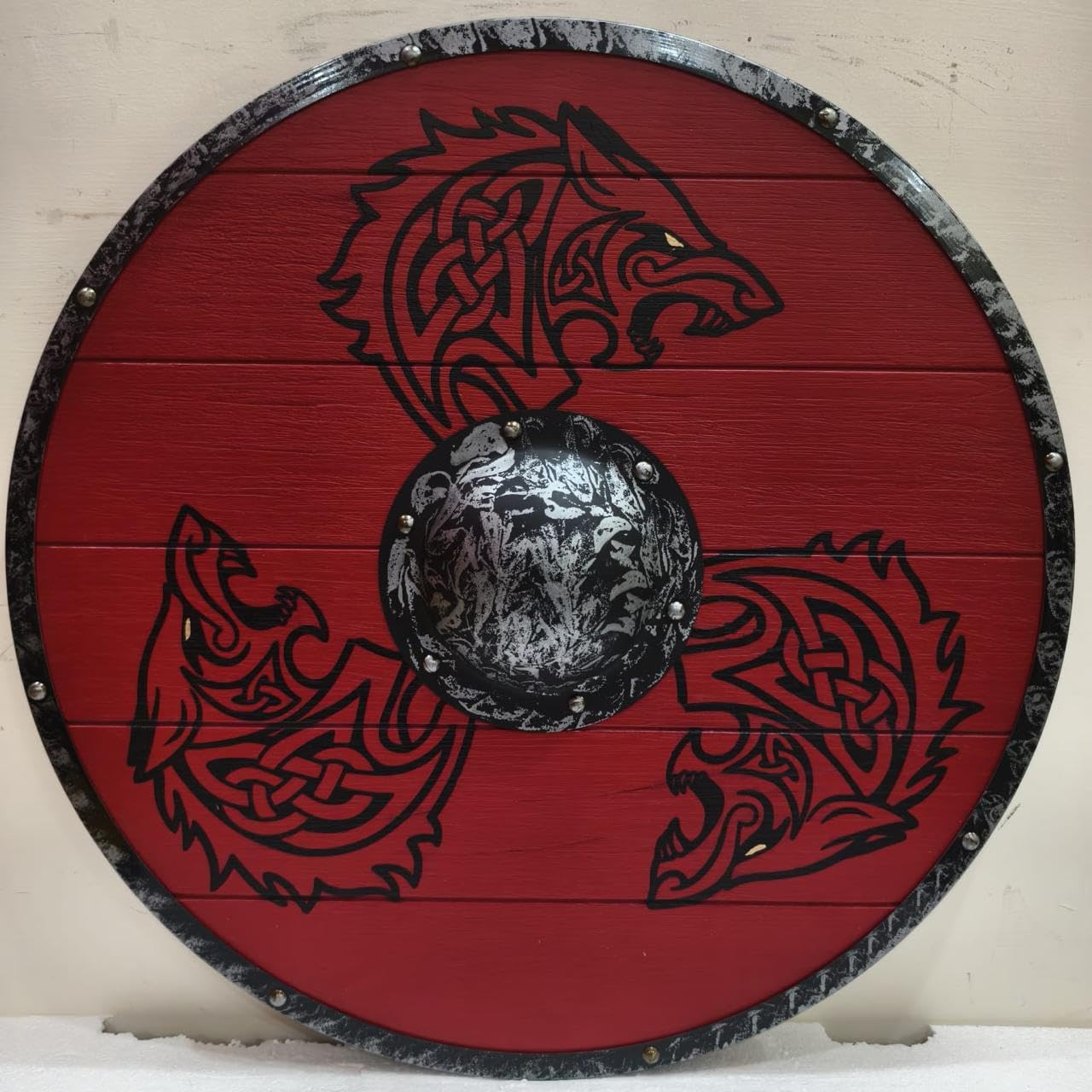 Nautical Replica Hub Bouclier viking en bois 3 dragons Mythologie nordique Valhalla Bouclier viking médiéval guerrier bataille usé bouclier