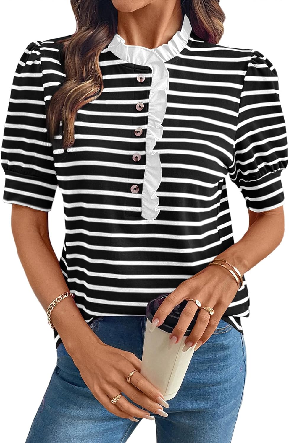 BLENCOT Summer T Shirt for Women Casual Puff Sleeve Button Down Ruffle Collar Striped Knit Blouse Tops