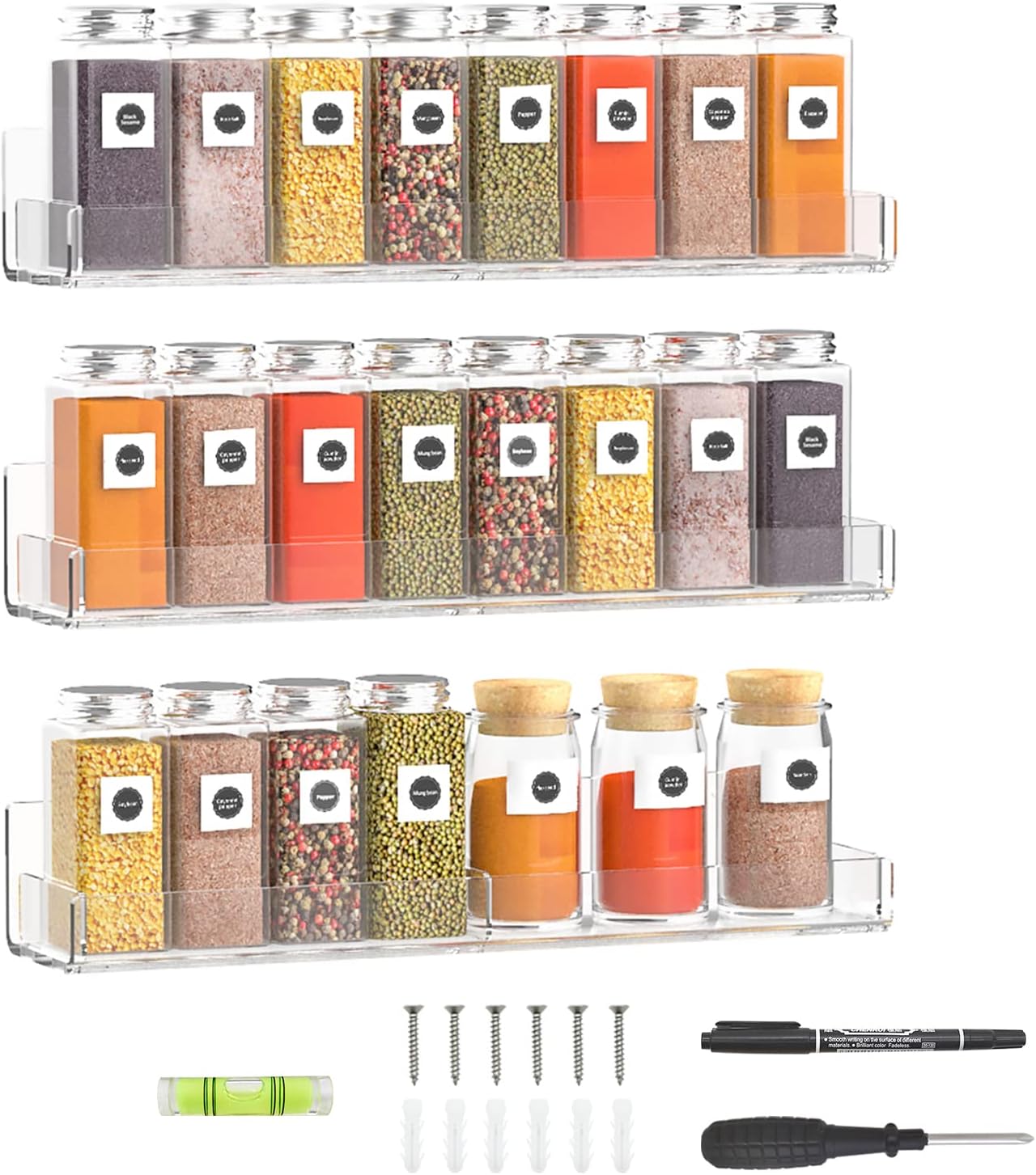 Sezanrpt 15 Inch Acrylic Spice Rack Wall Organizer Set of 3, Clear Wall Shelf for Home Organizer, Bottle Display, Jars, Spice, Wine, Books, Toiletries, 3 Pack