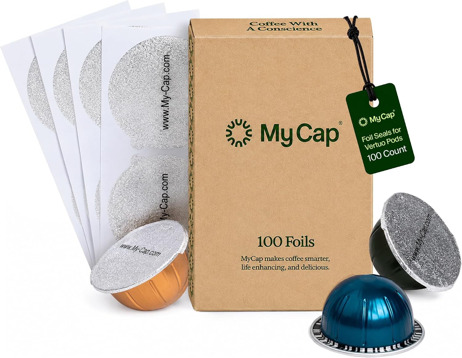 My-Cap Foil Seals for Nespresso Vertuo Pods - Reusable Aluminum Lids to Extend Life of Nespresso VertuoLine Capsules (Pack of 100)