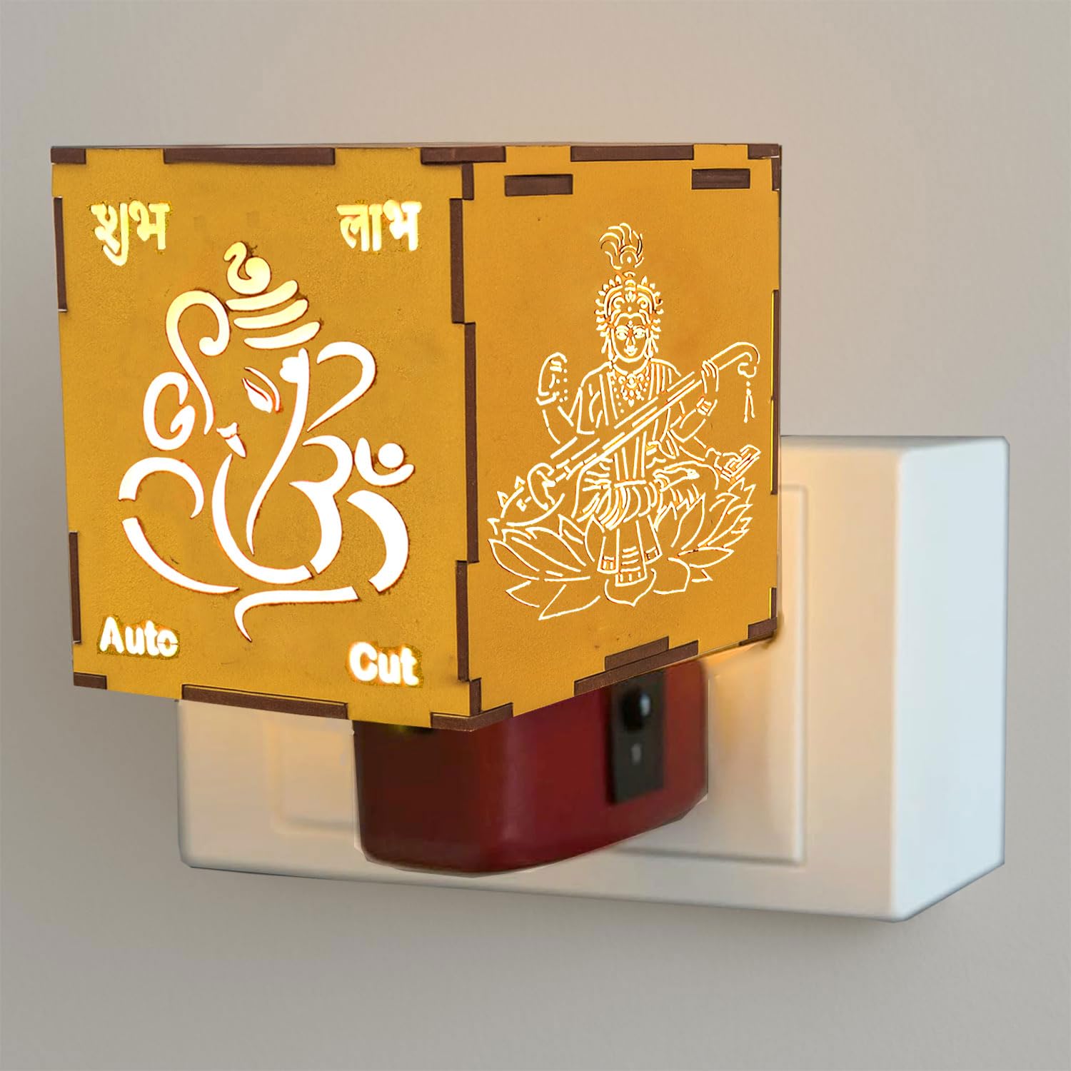 SIGNAMIO® Auto Cut Wooden Ganesha Laxmi Saraswati Camphor Kapoor Bakhoor Oud Aroma Oil Diffuser Incense Dhoop Burner Electrical Stand Machine for Home Fragrance with Night Lamp