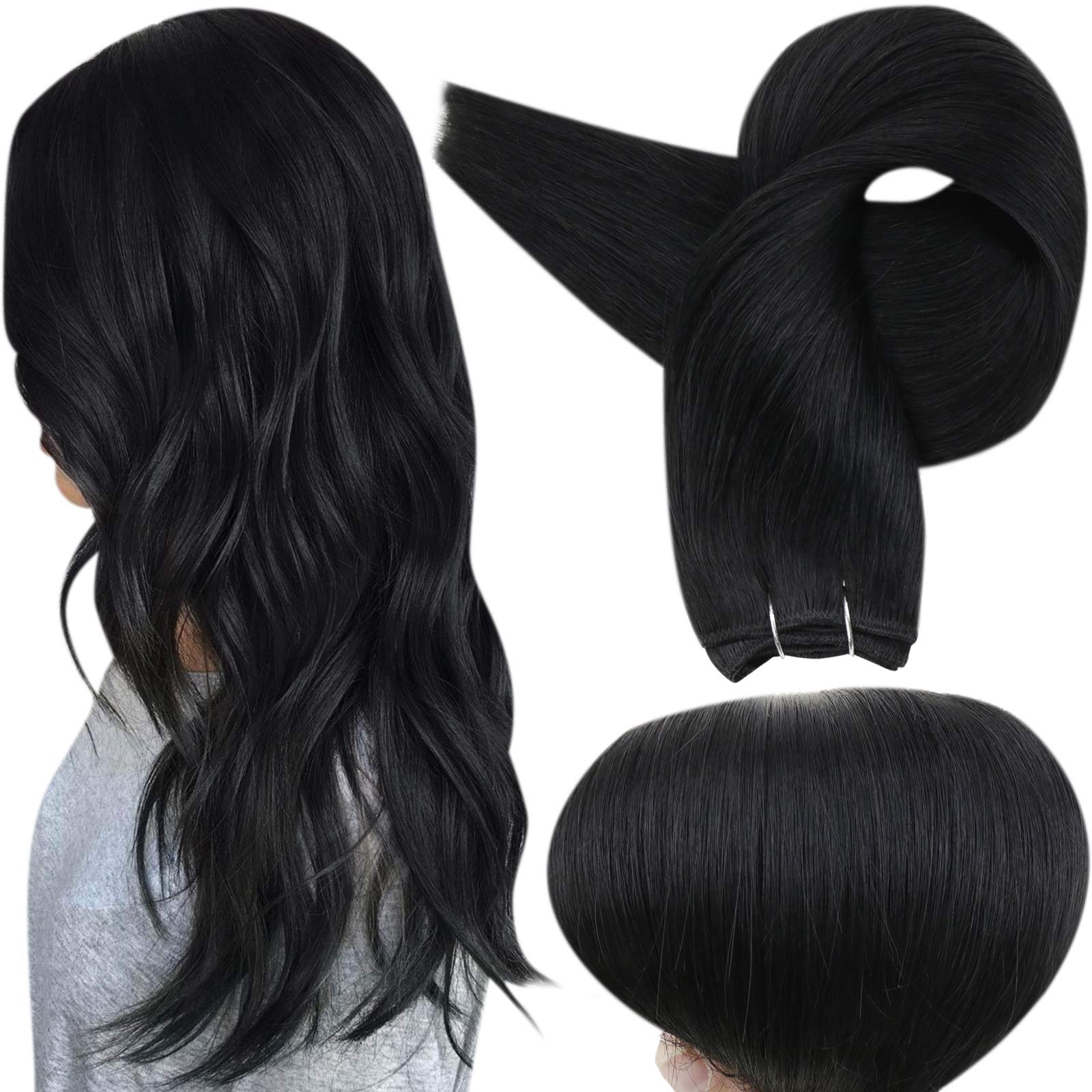 Full Shine Sew In Hair Extensions Real Human Hair Black Weft Hair Extensions Human Hair Sew In Extensions Double Weft Color Jet Black Human Hair Bundles 22Inch 105GClimeCo Certified
