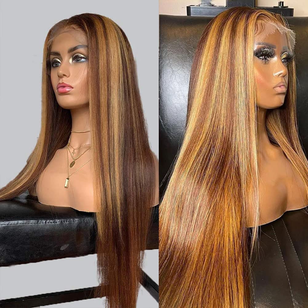 Healthair Ombre Lace Front Wigs Human hair Highlight 4/27 Honey Blonde Lace Front Wig 180% Density Straight Human Hair Wig 13x4 HD Transparent Lace Wigs for Black Women (4/27, 22inch)