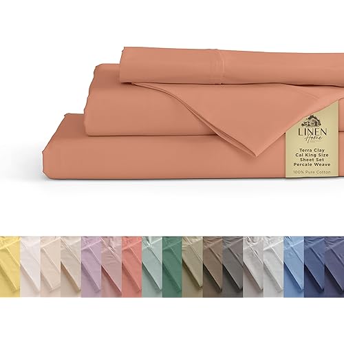 Linen Home 100% Cotton Percale Sheets California King Size, Tera Clay, Deep Pocket, 4 Pieces Set - 1 Flat, 1 Deep Pocket Fitted Sheet and 2 Pillowcases, Crisp Cool and Strong Bed Linen