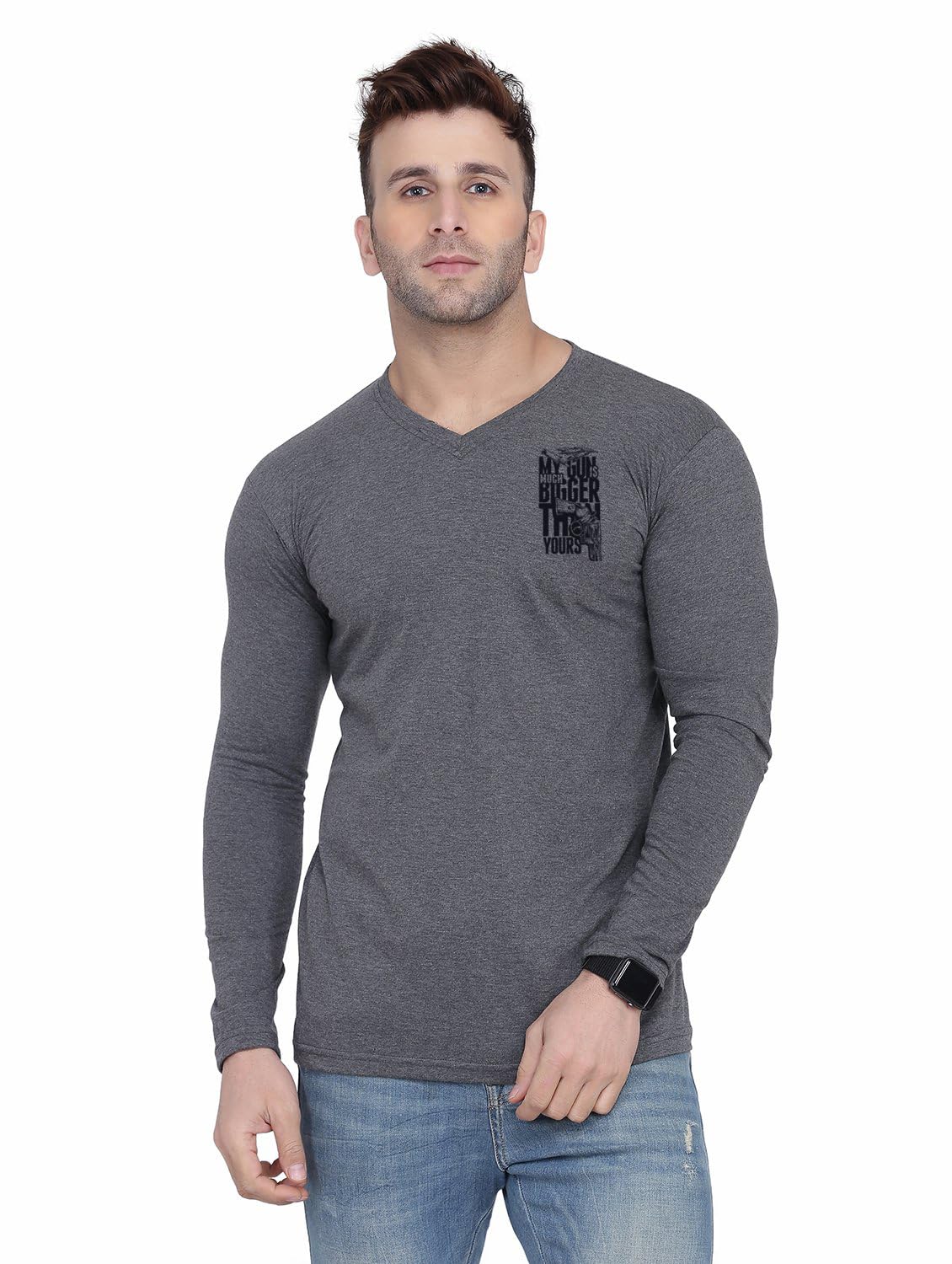 tfurnish Men's V-Neck Full Sleeve T-Shirt | Slim Fit Casual Tee with Chest Print | Soft Cotton Blend-picture-38