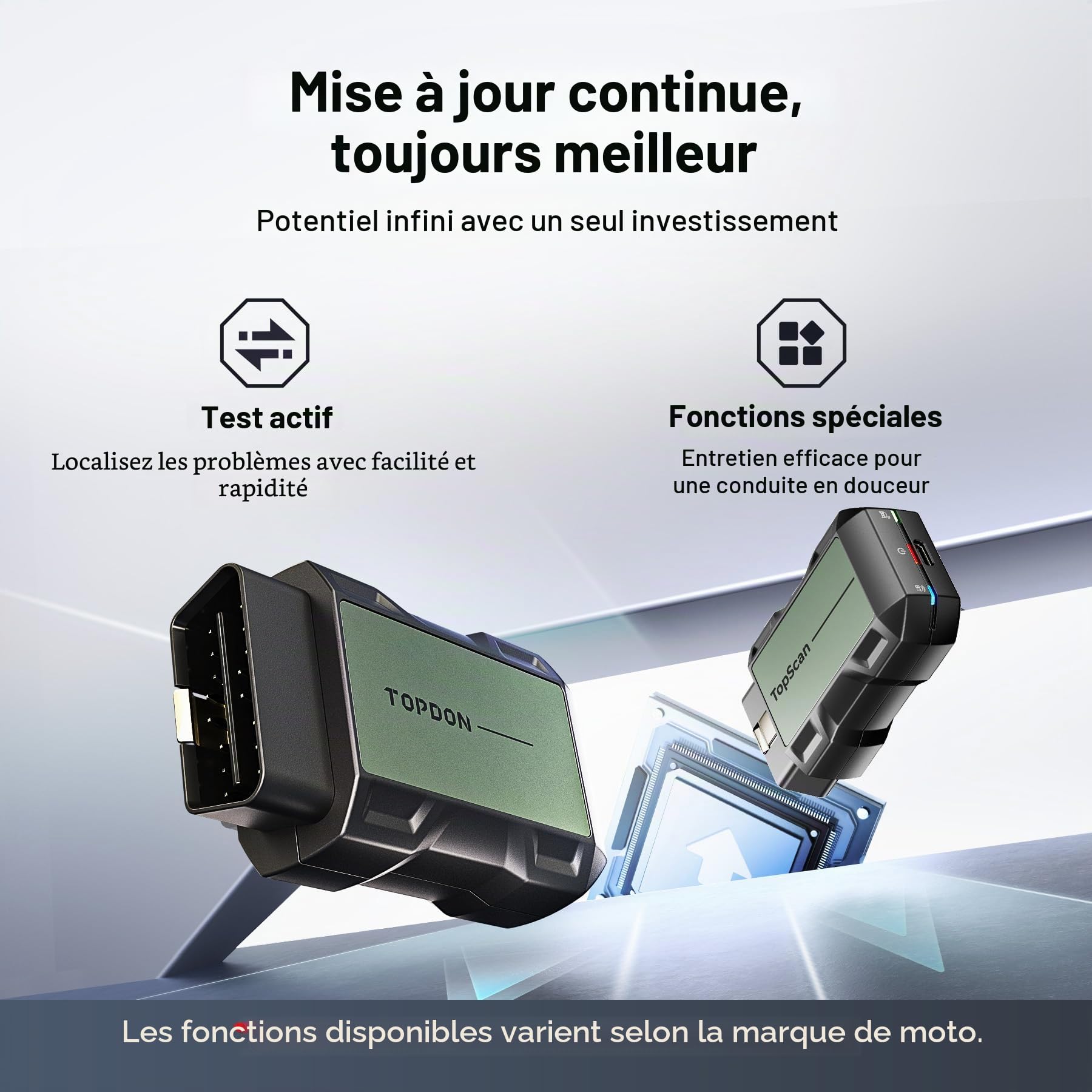TOPDON TopScan Moto Outil de Diagnostic OBD2 pour Moto, Lecteur de Code OBD2 sans Fil Compatible avec Harley/Ducati/BMW/Kawasaki/Suzuki/Yamaha/Honda, Tous Les systèmes de Moto,Réinitialisation