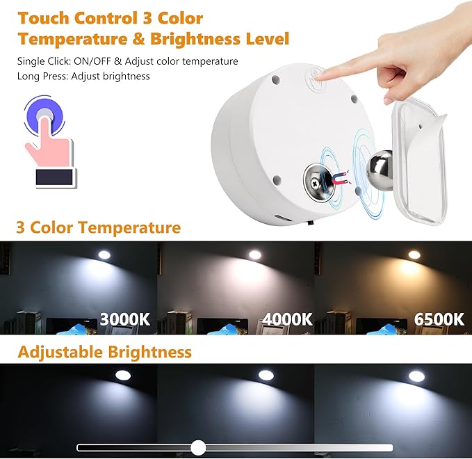 PhilzOps Led-wandlamp voor binnen, USB-wandlamp, 3 temperaturen, kleuren, draaibaar, 360 graden, touch-bediening, moderne lamp met afstandsbediening, timer voor slaapkamer, schansen, woonkamer, photo 2