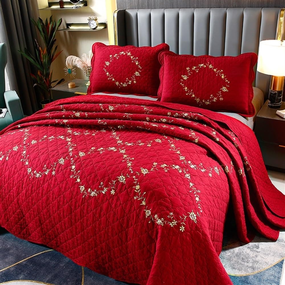 SSHFFDD Red Quilted Bedspread Coverlet, 3Pcs Chinese style Floral print Reversible Quilt Bedspreads All Season With 2 Pillow Cases For Bedroom Decor(264x234cm)
