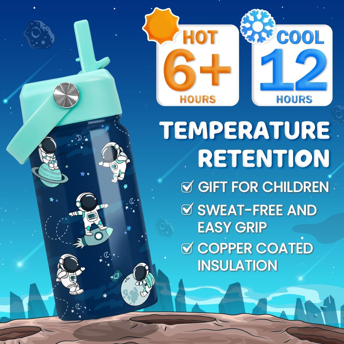 Astronaut Water Bottle - Kids Water Bottle with Straw Lid - 12 Oz Insulated Stainless Steel Water Bottles for Kid Boys - Travel Cup for School Sports - Image 4