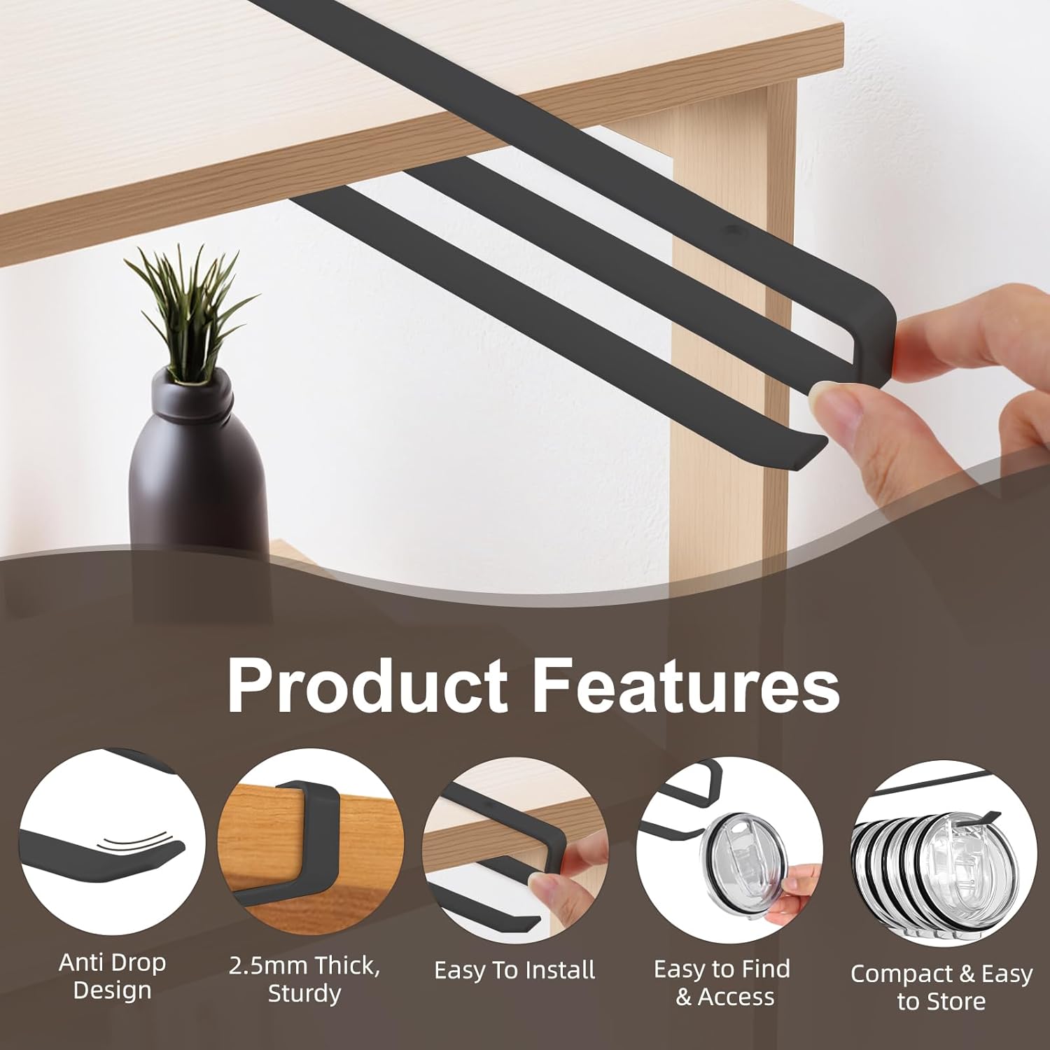 Tumbler Lid Organizer,2 Pack Cup Lid Organizer for Yeti Tumbler Lids,Single Water Bottle Lid Organizers Holds Up to 12 Lids, Space Saving Under Cabinet Lids Holder Rack,Black - Image 4