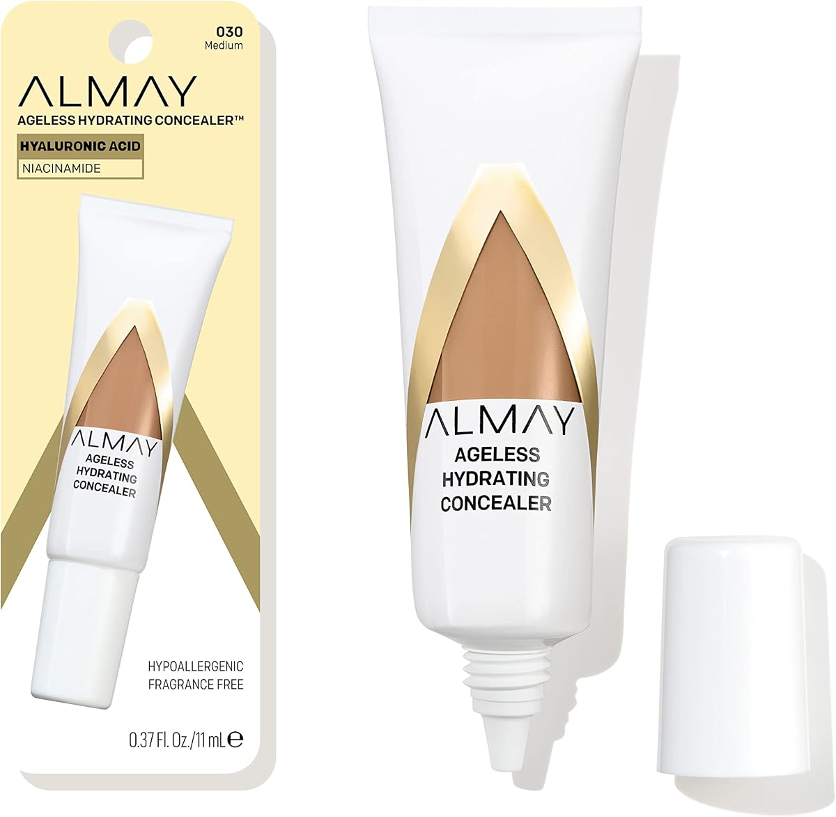 Almay Anti-Aging Concealer, Face Makeup with Hyaluronic Acid, Niacinamide, Vitamin C & E, Hypoallergenic-Fragrance Free, 030 Medium, 0.37 Fl Oz