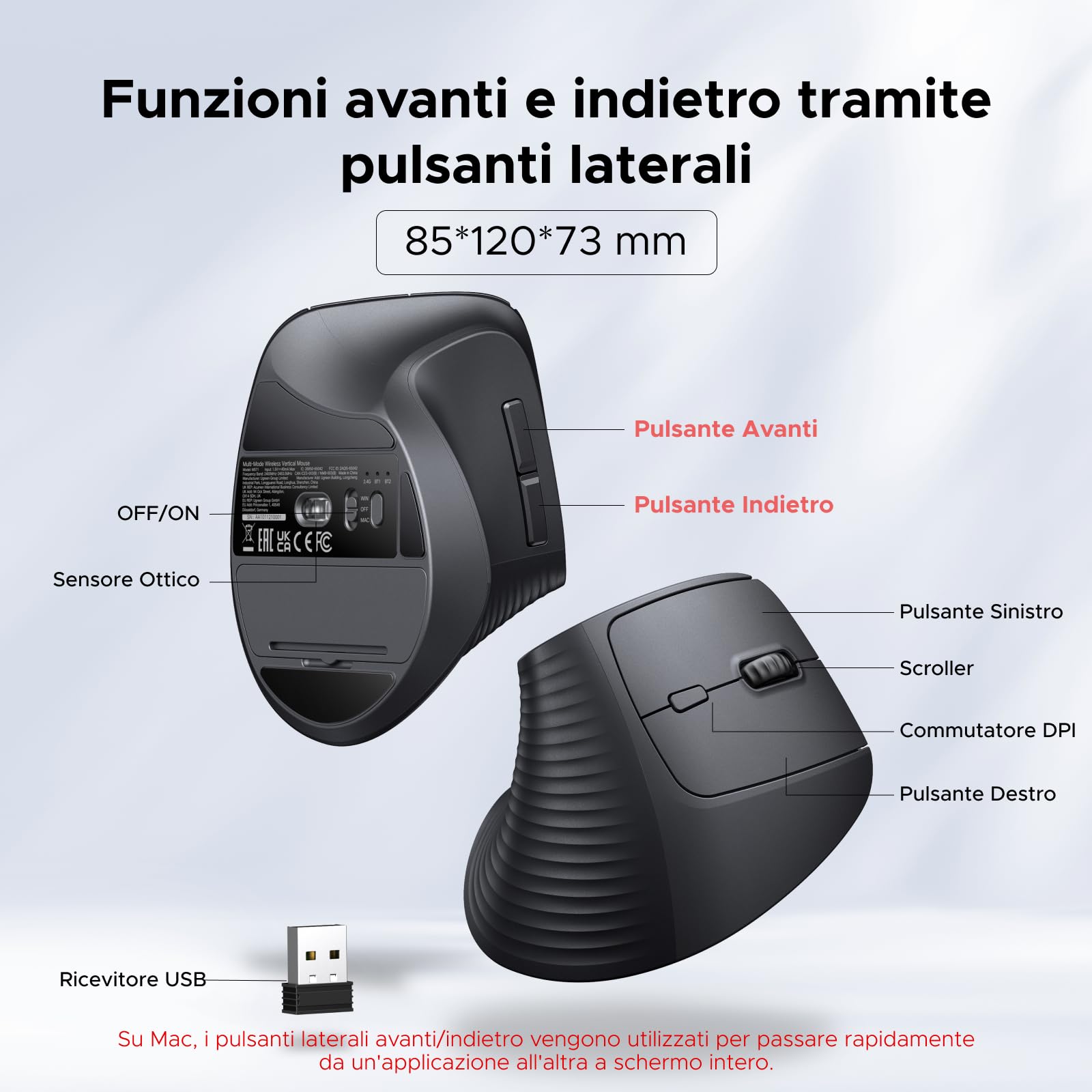 UGREEN Mouse Verticale Wireless 2,4G e Bluetooth 5.4 Silenzioso 4000 DPI | Ergonomico Compatibile con Windows macOS Linux