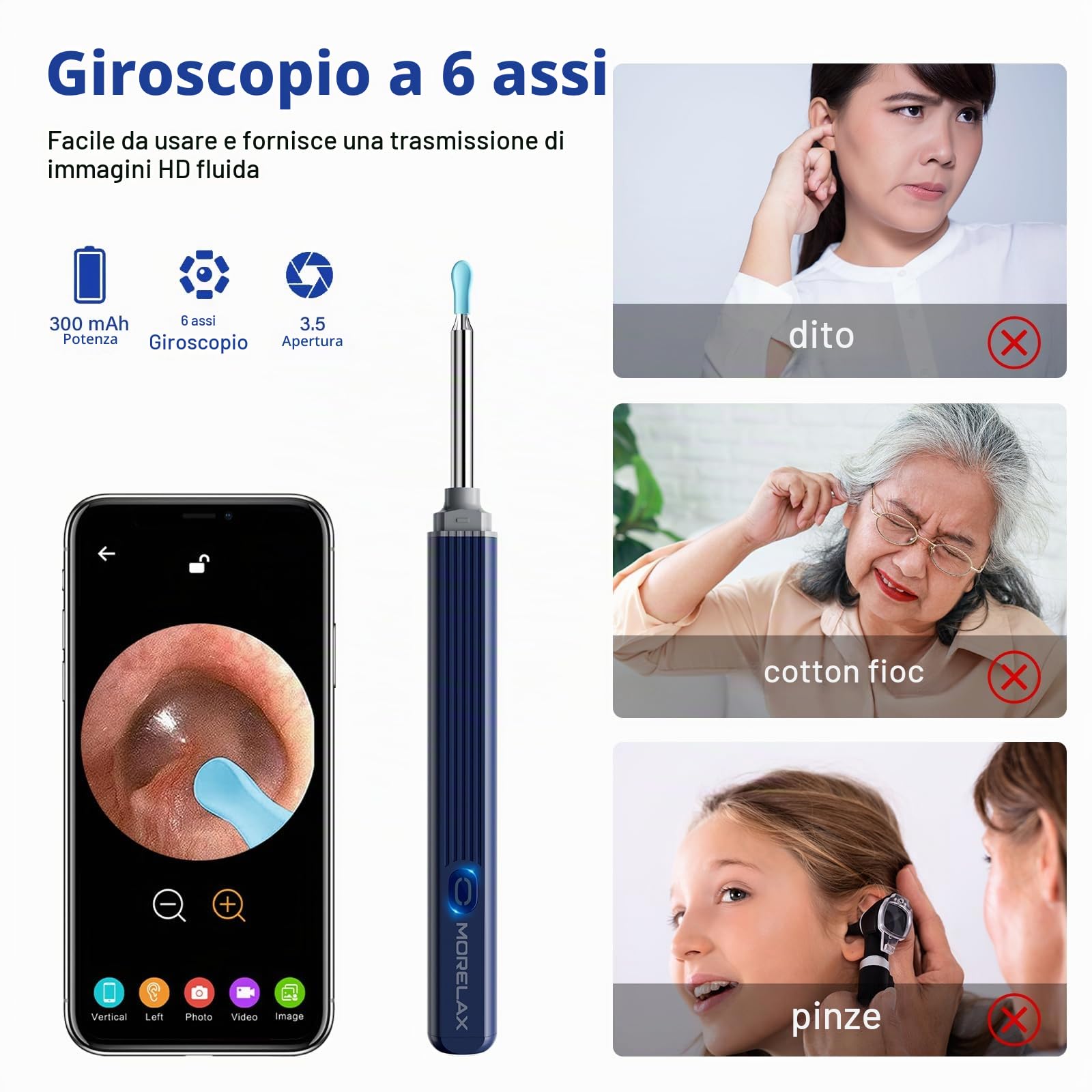 Morelax Otoscopio Pulizia Orecchie, Pulitore per Orecchie WiFi, 3,5mm Impermeabile IP67 Endoscopio con 6 Luci LED, Pulisci Orecchie per iPhone,Android,iPad,Adulti,Bambini e Animali Domestici (Azzurro)