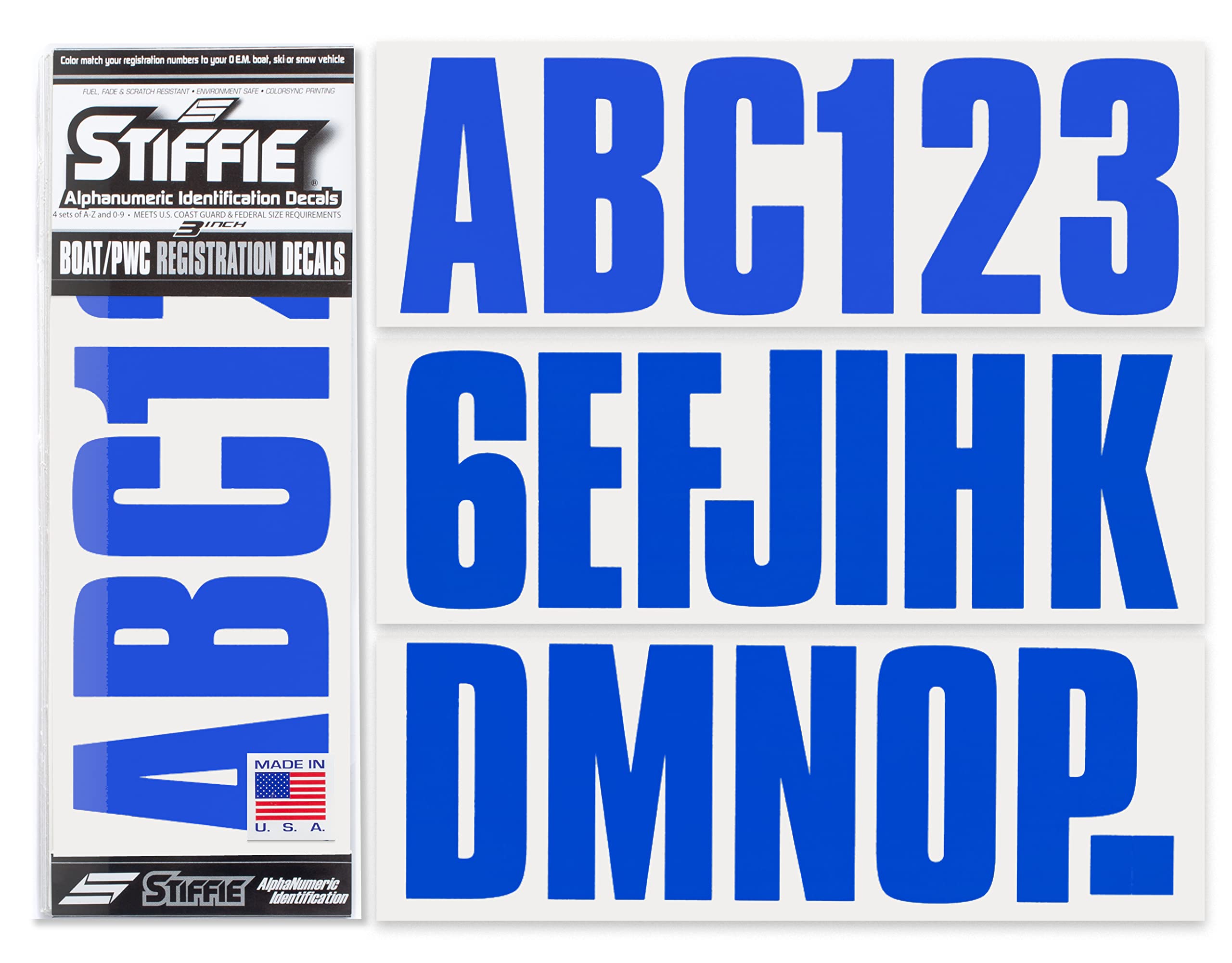 STIFFIE Uniline Blue 3" Boat &amp; PWC Registration Decals • Numbers Letters Stickers