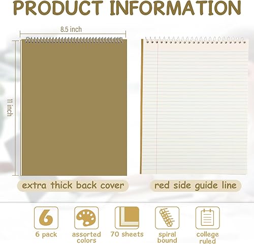 Miniatura 2 de Maitys 6 piezas de 8.5 x 11 pulgadas, libro de esteno en espiral, papel rayado universitario, 70 hojasbloc, cubiertas coloridas para escribir notas