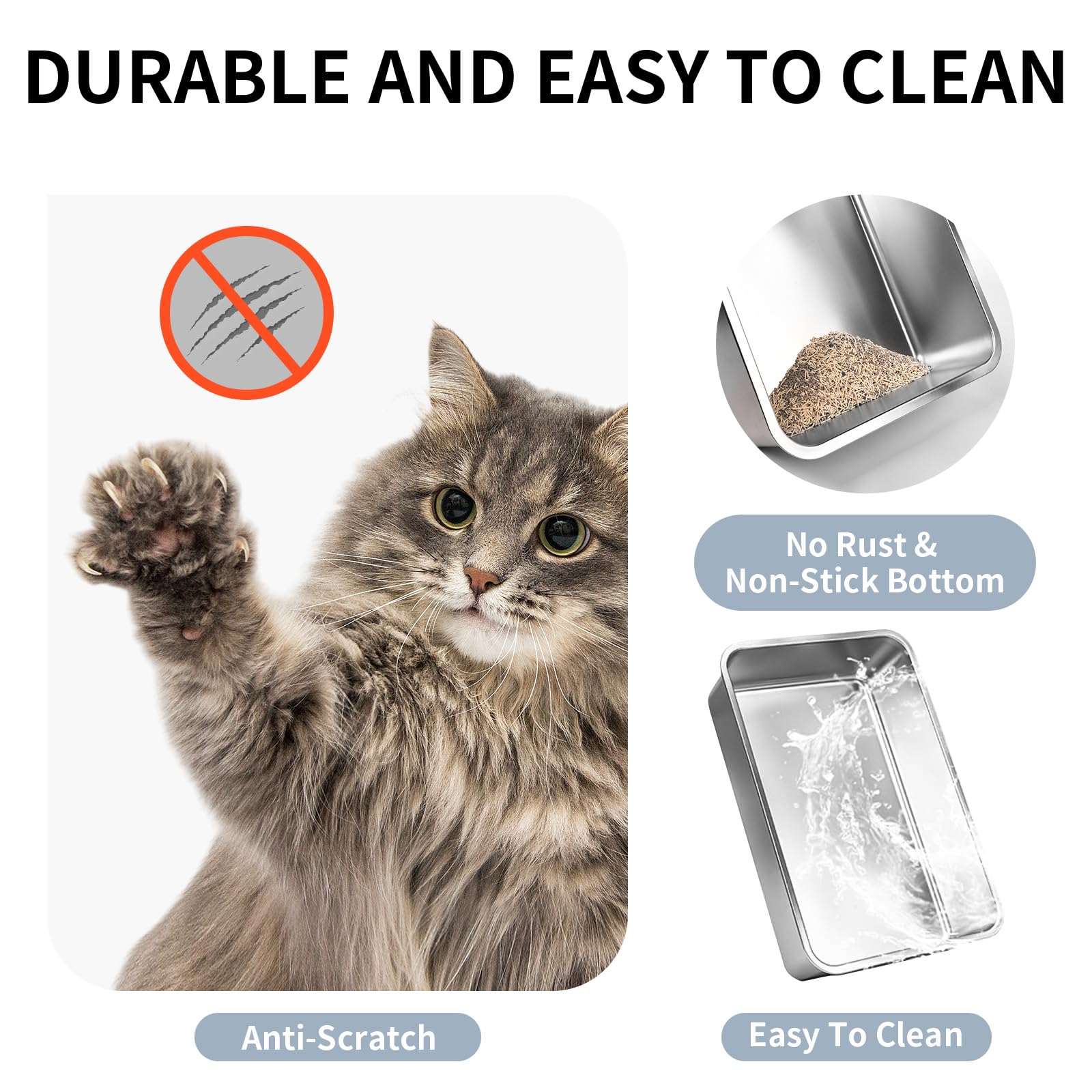 Prodigen Stainless Steel Cat Litter Box with Lid High Wall Sides Enclosure, Non-Sticky, Anti-Leakage, Easy Cleaning, with Cat Mat & Metal Scoop, 19.6" L x 14" W x 12" H