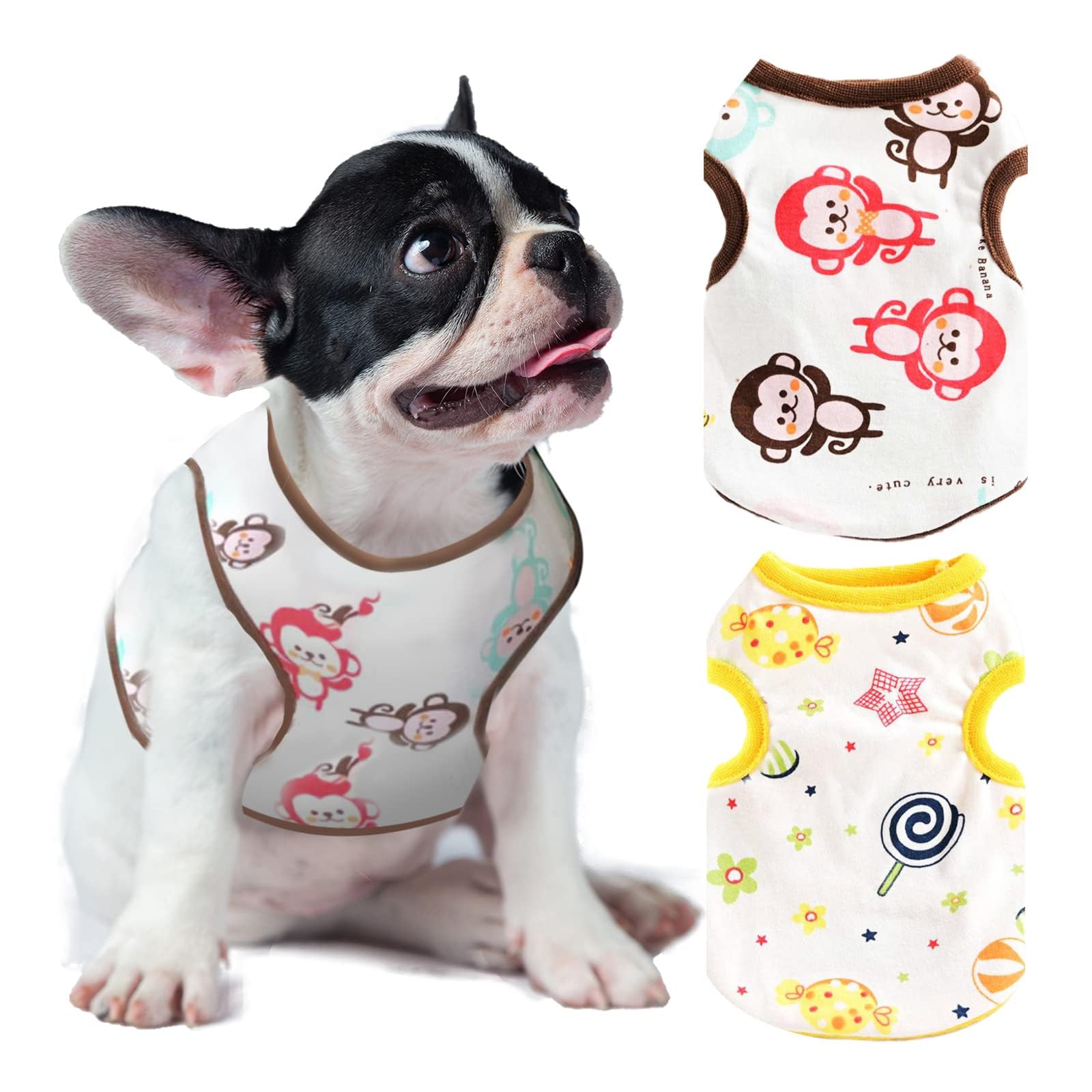 TENGZHI 2 Pack Dog Shirts Soft Stretchy Cotton Summer Pet Dog T Shirts for Small Dogs Cats Cute Cartoon Print Puppy Vest Clothes Lightweight