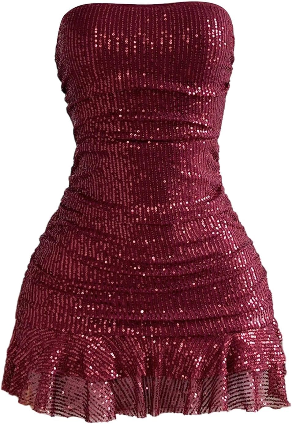 SOLY HUX Women's Sparkly Sequin Strapless Dresses Ruffle Mini Party Dress Cocktail Gowns