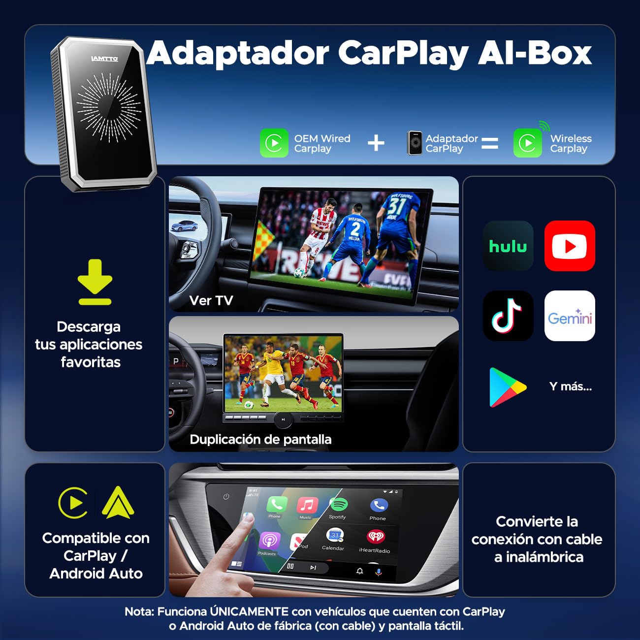 LAMTTO Adaptador CarPlay Inalámbrico AI Box con Google Play Store, Descarga de Apps y Gemini AI, CarPlay y Android Auto Inalámbricos, Netflix YouTube HDMI AirPlay Reproducción USB WiFi Doble Banda OTA