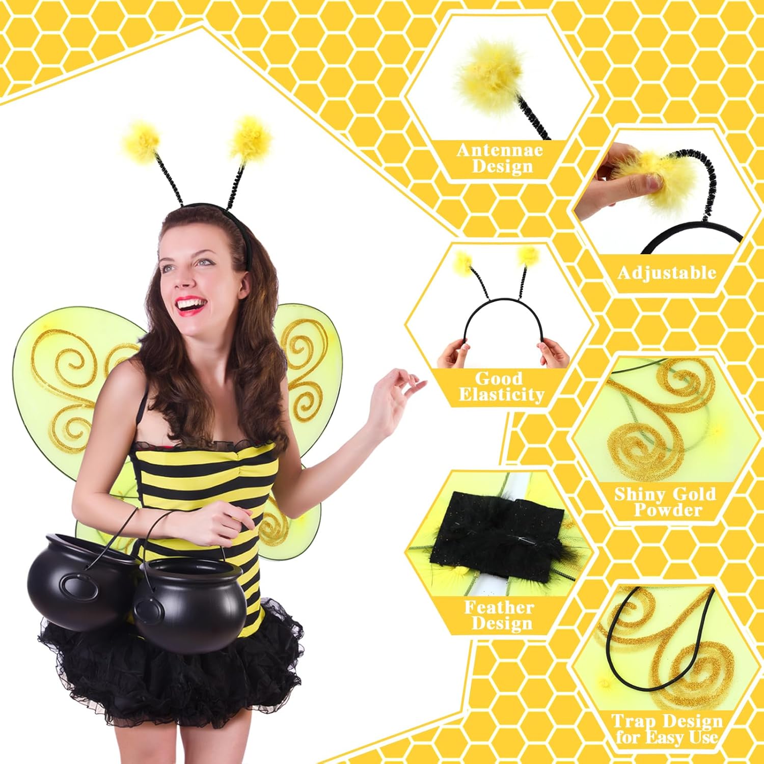 6 Set Black Bug Wings with Antenna Headband Halloween Costumes Grey Bug Wings Dress up Cosplay Party Favors