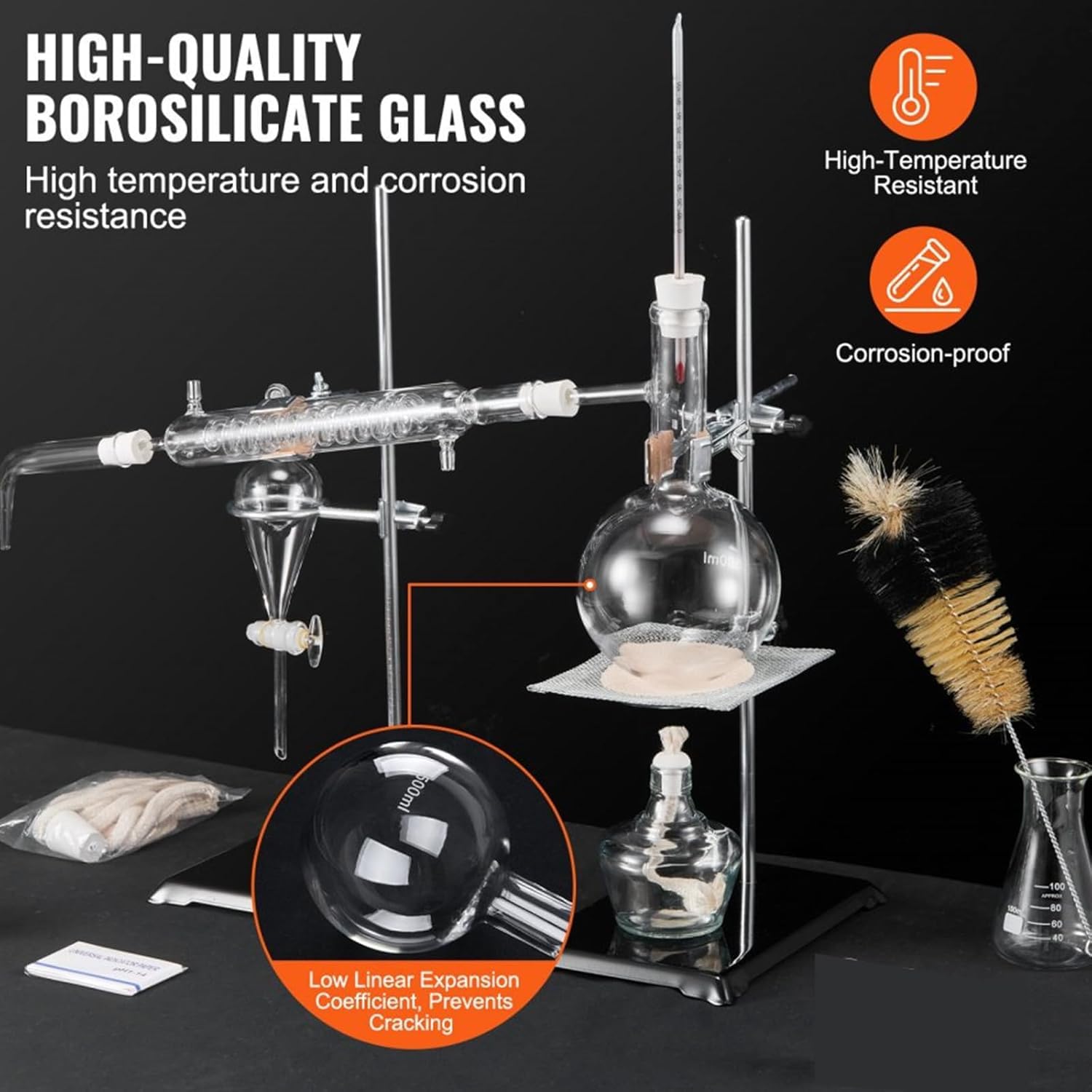 Kit de destilación de aceites esenciales, aparato de destilación de 500 ml, kit de destilación de vidrio de laboratorio con lámpara de alcohol, malla cerámica y 24, 40 juntas, para equipo didáctico.