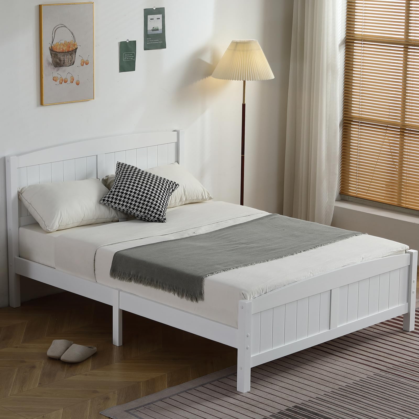 Karl home Wood Bedframe Full Bed Frame with Headboard Bedroom Platform Bed with Footboard, 12 Wood Slat Support, No Box Spring Needed, White