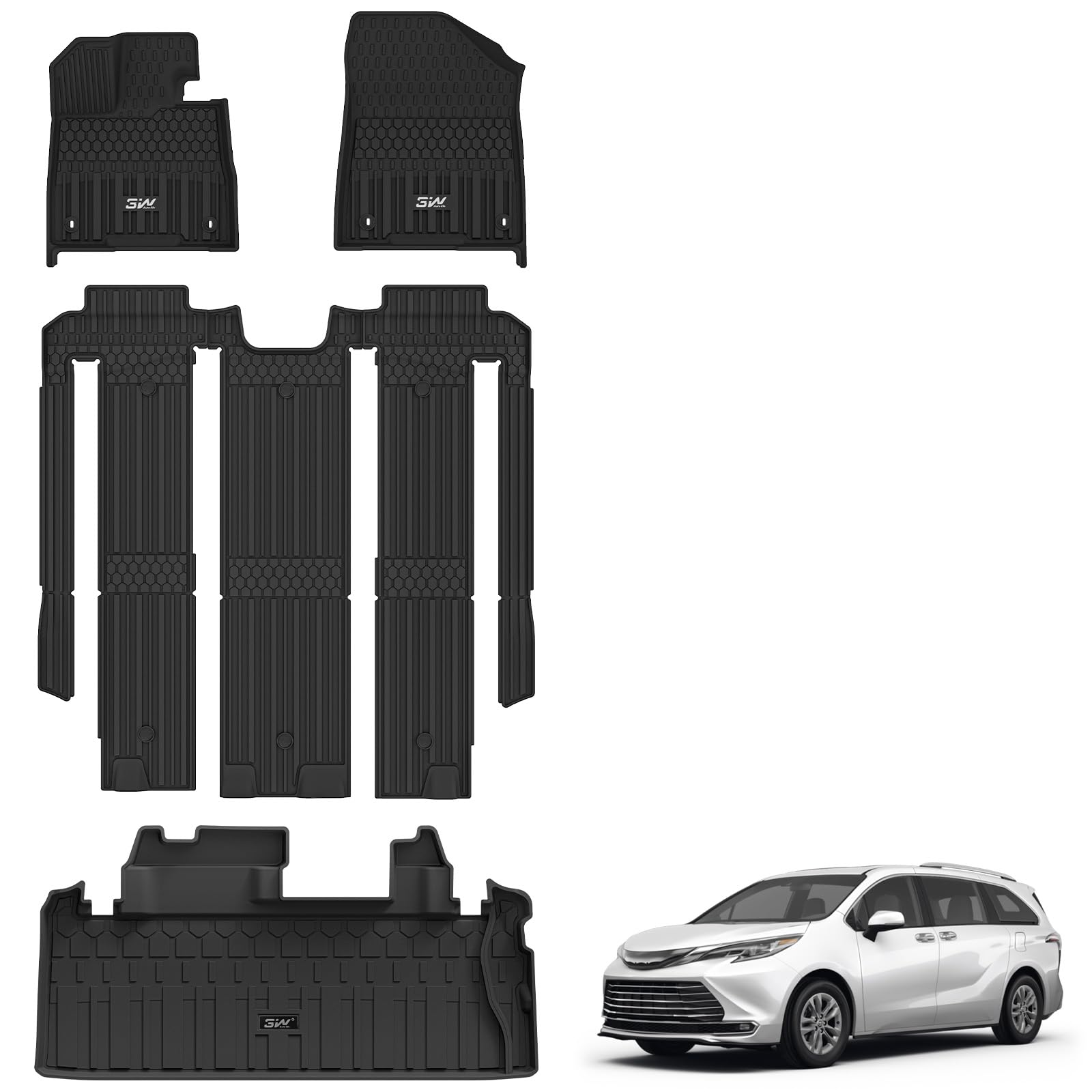 3W Floor Mats &amp; Cargo Liner Fit 2021-2026 Toyota Sienna 7-Seat XLE/XSE