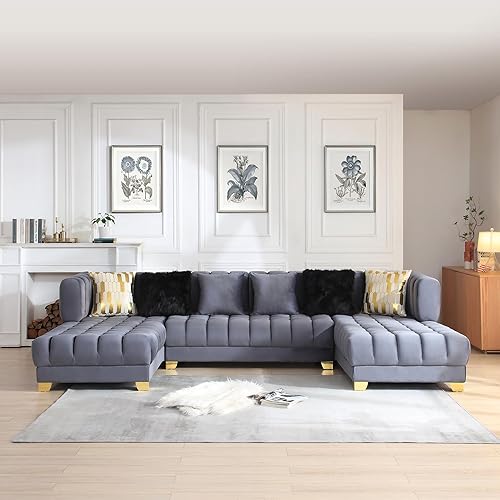 Miniatura 9 de Better Home Products Marigold Velvet U-Shaped Double Chaise Sectional Sofa - 140" Large Couch with 6 Pillows &amp; Gold Legs for Your Living Room, Fully