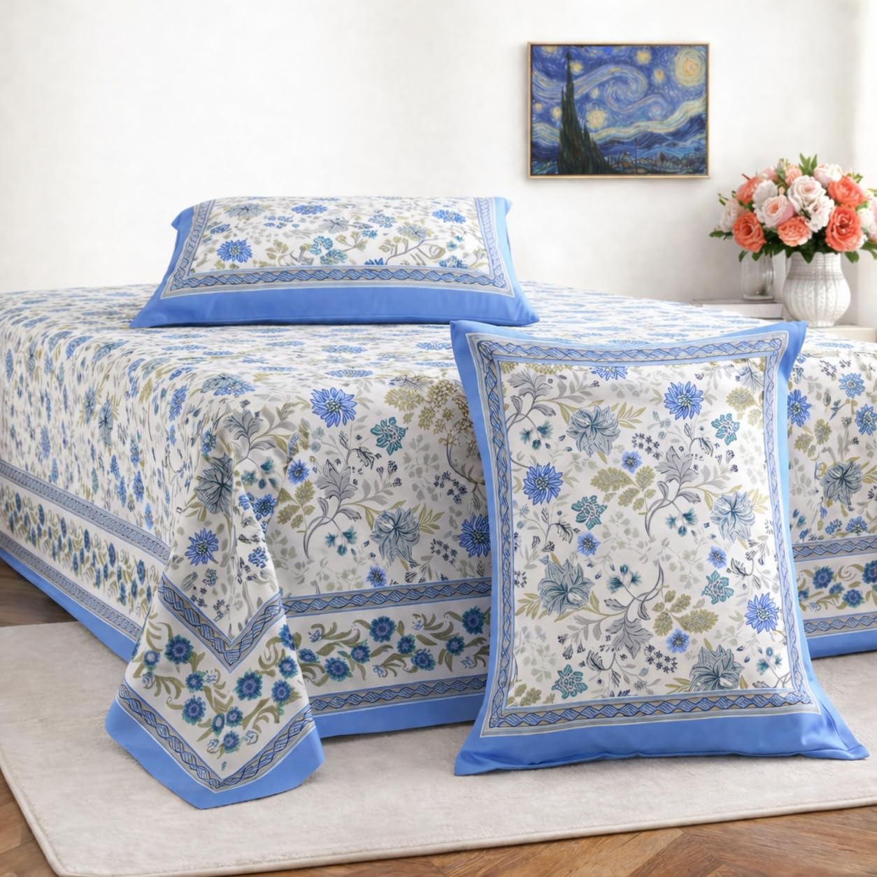 elanorhomes 100% Cotton King Size Bedsheet, 240 TC Soft Breathable Bed Sheet with 2 Pillow Covers, Hand Printed Cotton Bedsheet for Double Bed, Machine Washable, 90x108 inch (Neel Gagan Fulwari)
