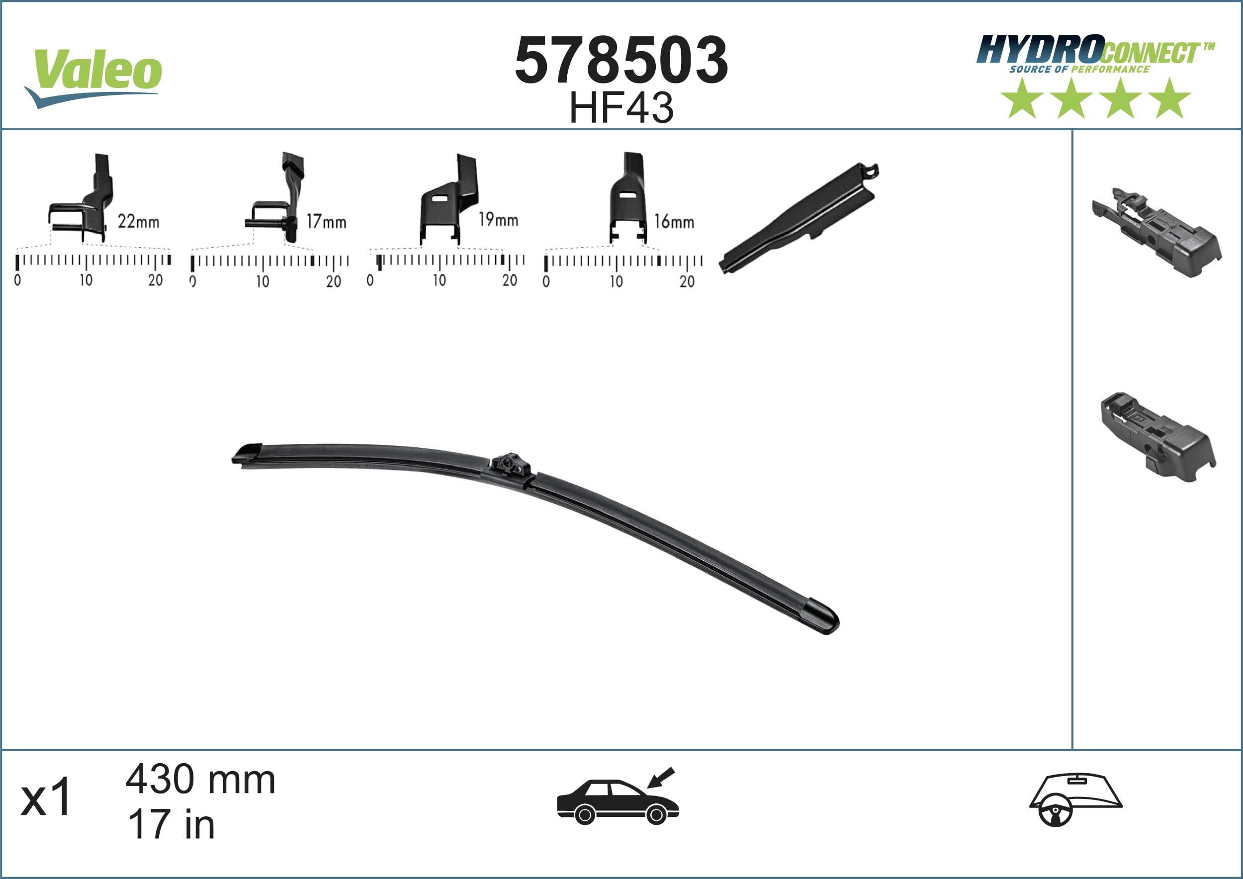 Valeo Hydroconnect Silecek Bmw 6 Serisi F12 (2011-2018), BYD Atto EV (2022 ve sonrası), Seat Ibiza (2017 ve sonrası), Arona (2017 ve sonrası) (430 MM) 578503