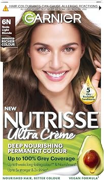 Garnier Nutrisse Ultra Cr me Permanent Hair Dye, 6N Nude Light Brown | Up to 100% Grey Coverage, Rich Long-Lasting 8-Week Colour, 5x Stonger, 2x Shiner Hair, No-Ammonia, Vegan Formula