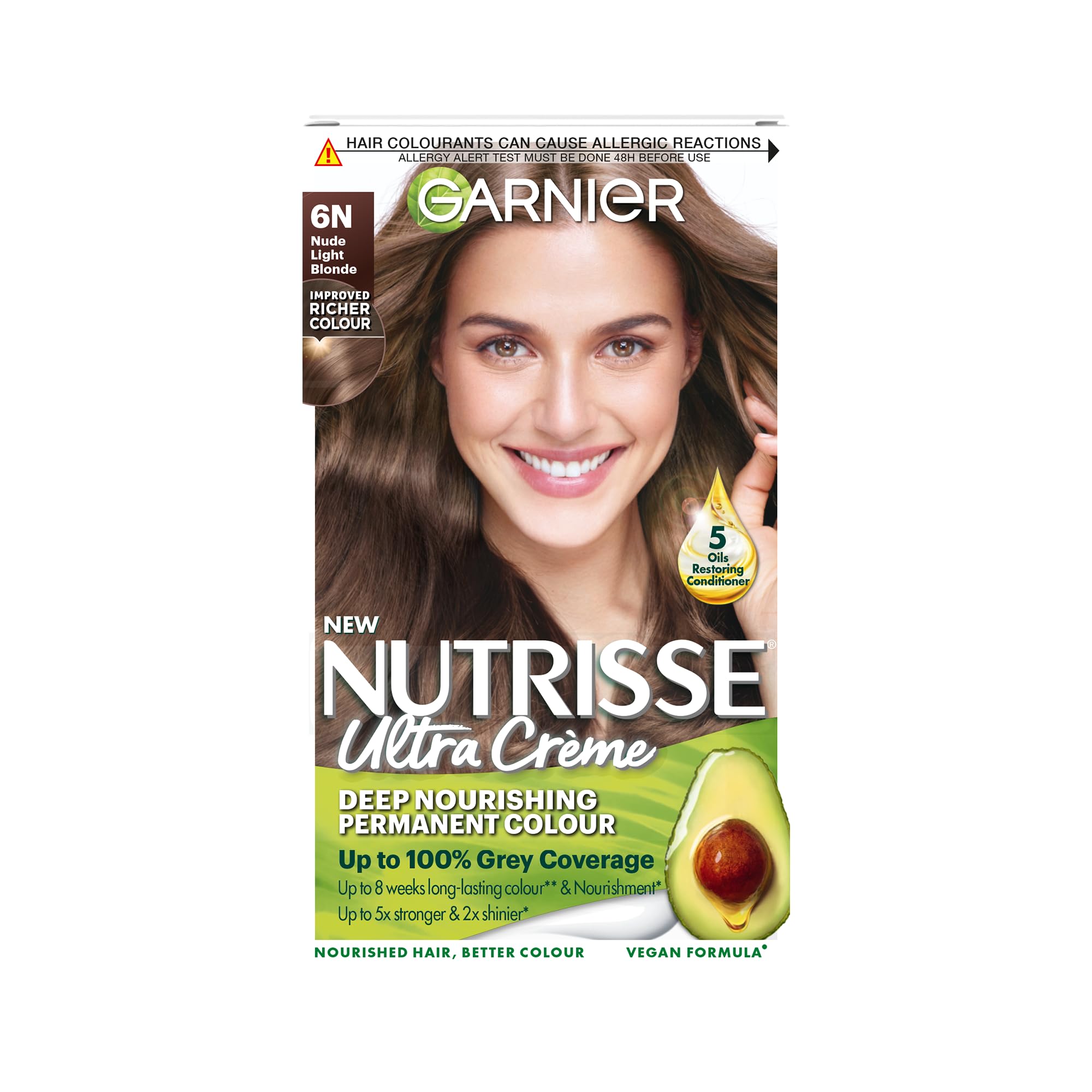 Garnier Nutrisse Brown Hair Dye Permanent, Up To 100 Percent Grey Hair Coverage, With New 5 Oils Conditioner - 6N Nude Light Brown