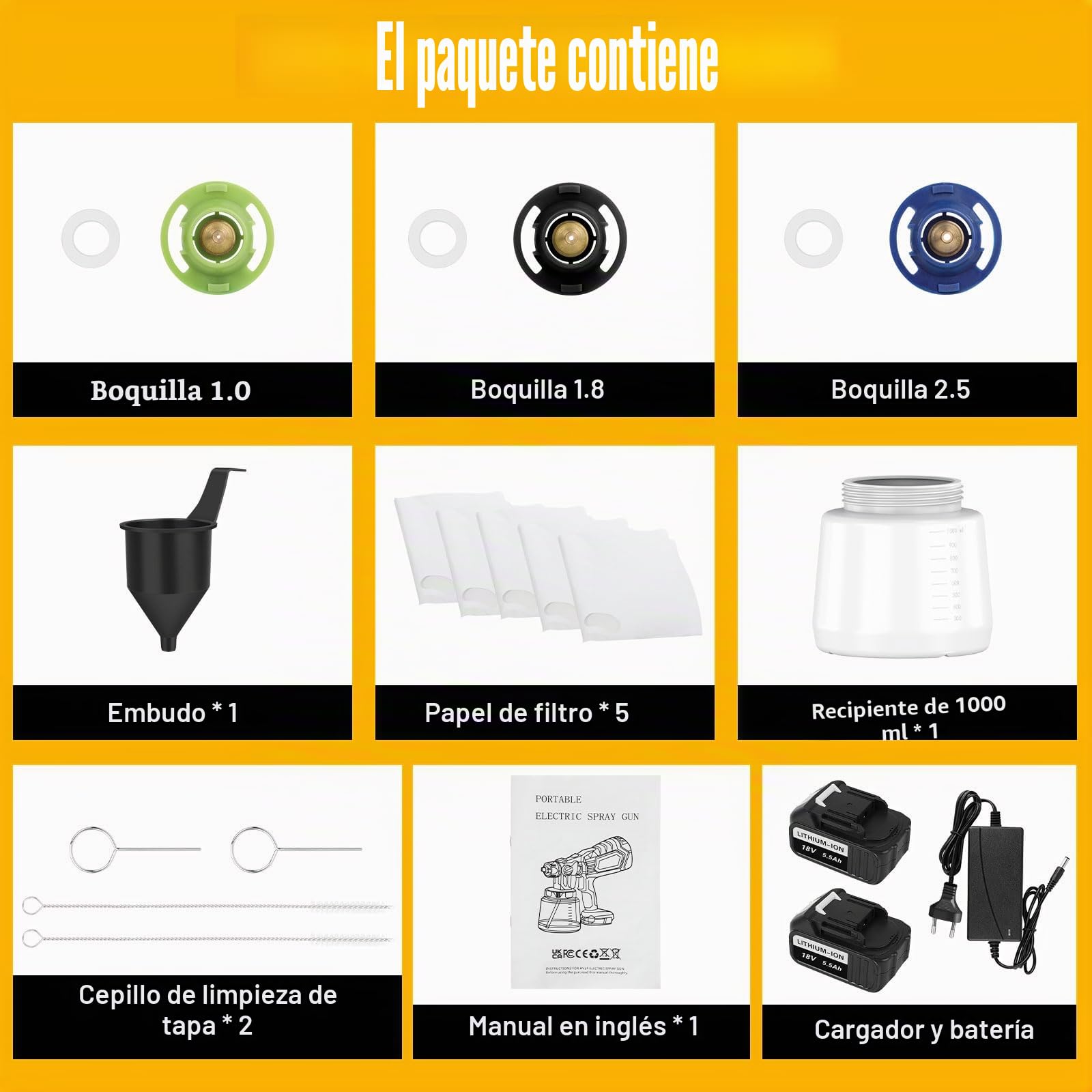 Pistola de Pintura Eléctrica con 2 x 5500mAh Batería, ASUNCELL Pistolas para Pinturas de Flujo Ajustable de 1000ml para Vallas, Paredes, Techos, 4 Boquillas y 3 Modelos (Amarillo)