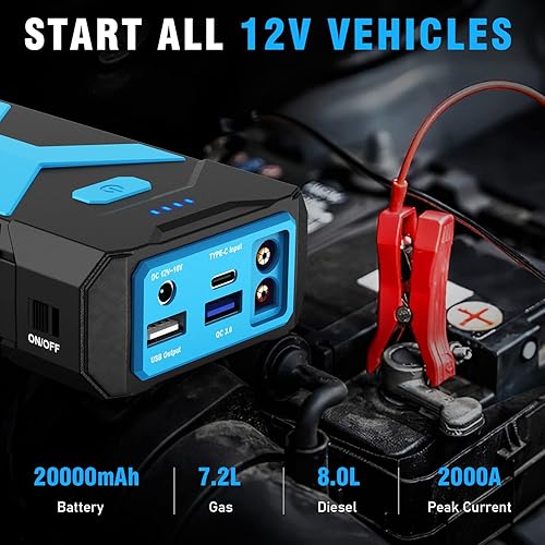 Miniatura 2 de Arrancador de batería de coche de 2000 A, 12 V arrancador de coche portátil para 8.0L de gas y 6.5L diésel, batería de reserva de 20000 mAh con USB