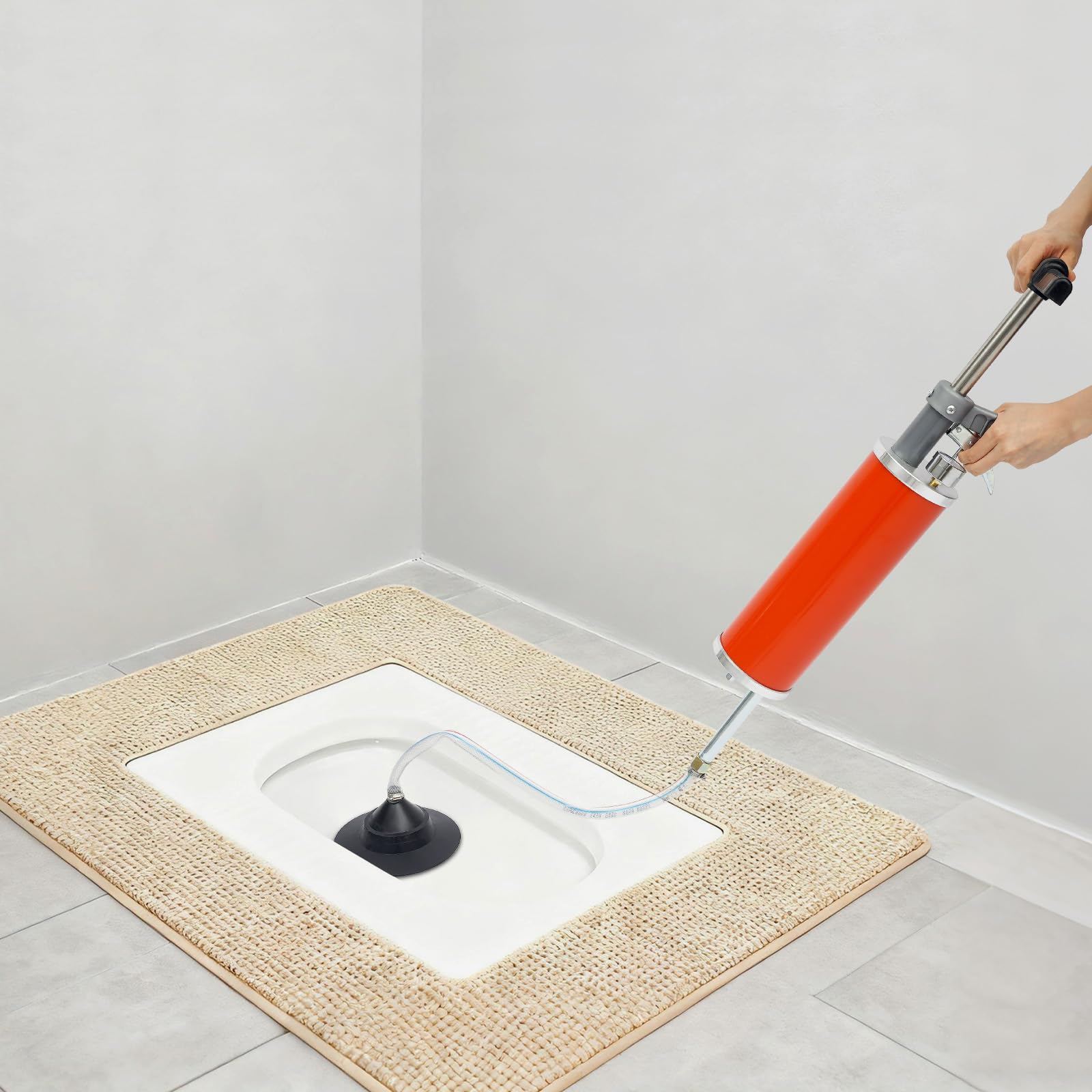 Pulitore pneumatico per tubi con aria compressa, pressione massima 0,7 MPa, serbatoio d'aria da 3 l, per WC, lavandino, vasca da bagno, scarico, con 2 tappi e tubo, rosso, 20 x 53,3 cm