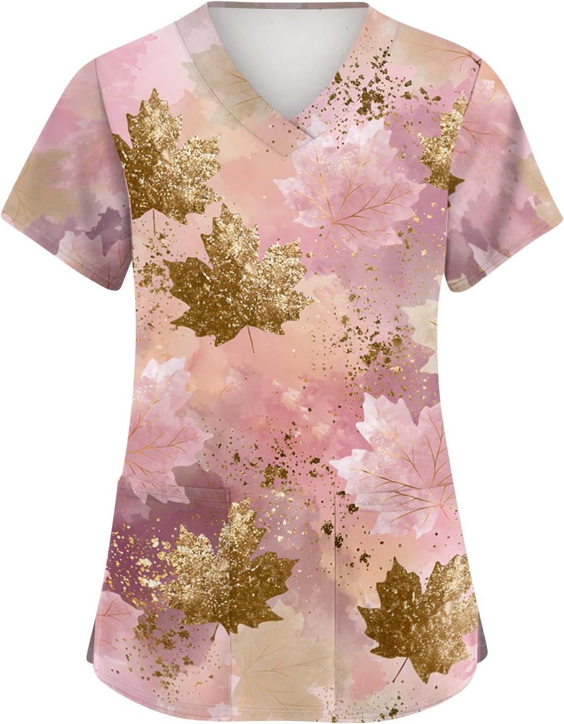 Womens Scrubs Autumn Fall Leaf Print V Neck Short Sleeve Scrub Tops