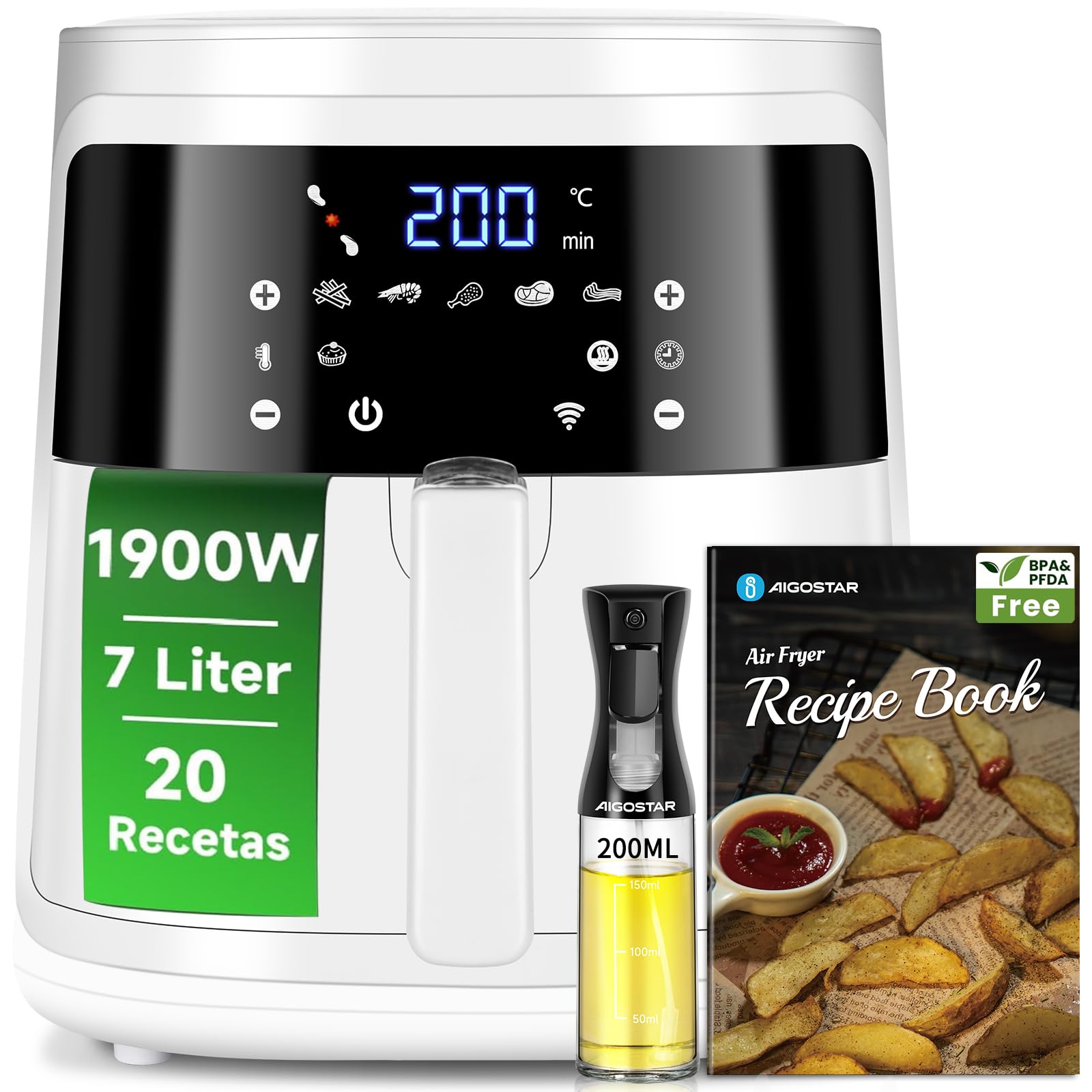 Aigostar White Cube, 7L Air Fryer 1900W, Oil-Free Fryer 7 Automatic Modes, Touch Panel, Removable Non-Stick Basket, 20 Recipes, Up to 8 People, BPA Free, Less Energy