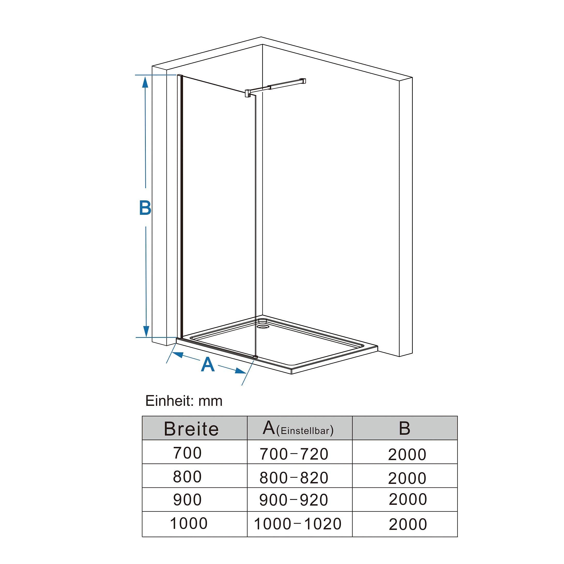 MIQU Duschabtrennung Walk in Dusche 90x195 cm Duschtrennwand aus 8mm NANO Echtglas Klarglas mit Stabilisator 70-120cm