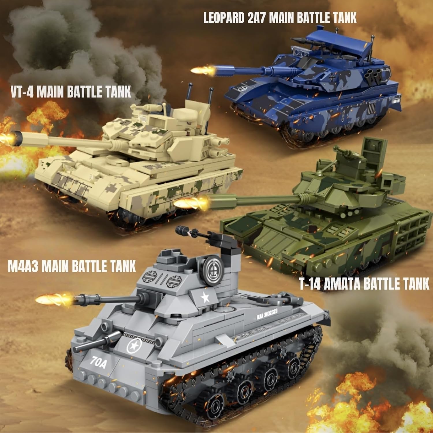 WW2 Army Tank Toys Building Blocks Set, 4 in 1 Tanks Models M4A3/T-14/VT-4/2A7 for Adults, 1466 Pieces Military Toys Gifts for Military Fans Teens 14+