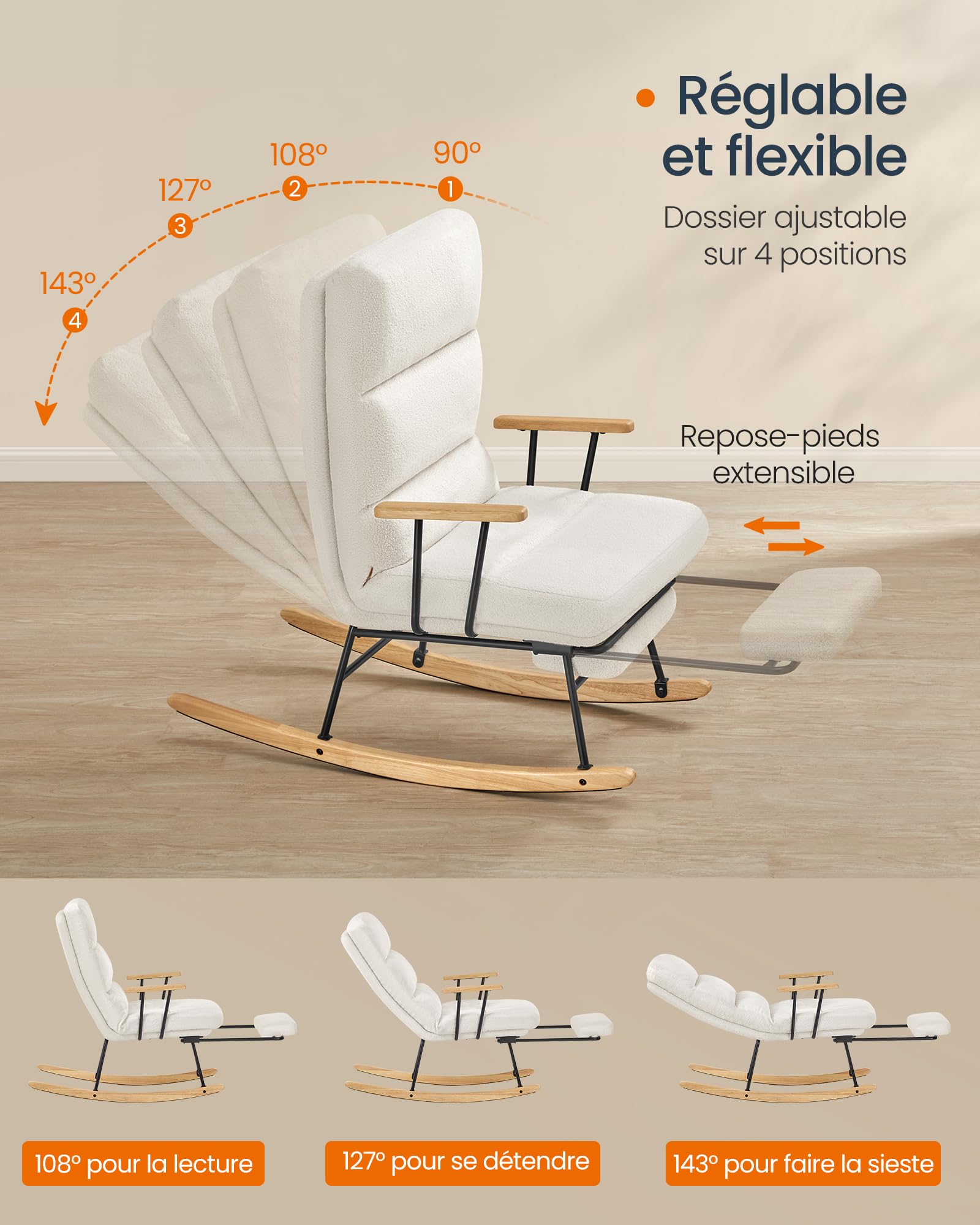 SONGMICS HOME Fauteuil à Bascule, Pieds en Bois d'Hévéa, Tissu Peluche, Chaise à Bascule, Dossier Réglable sur 4 Positions, Supporte jusqu'à 160 kg, pour Chambre, Salon, Blanc Crème LYY016W01