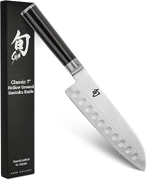 Shun Classic 7" Hollow Ground Santoku Knife | Handcrafted Japanese Cutting Knife, VG-MAX Core, Damascus Stainless Steel Cladding, Pakkawood Handle