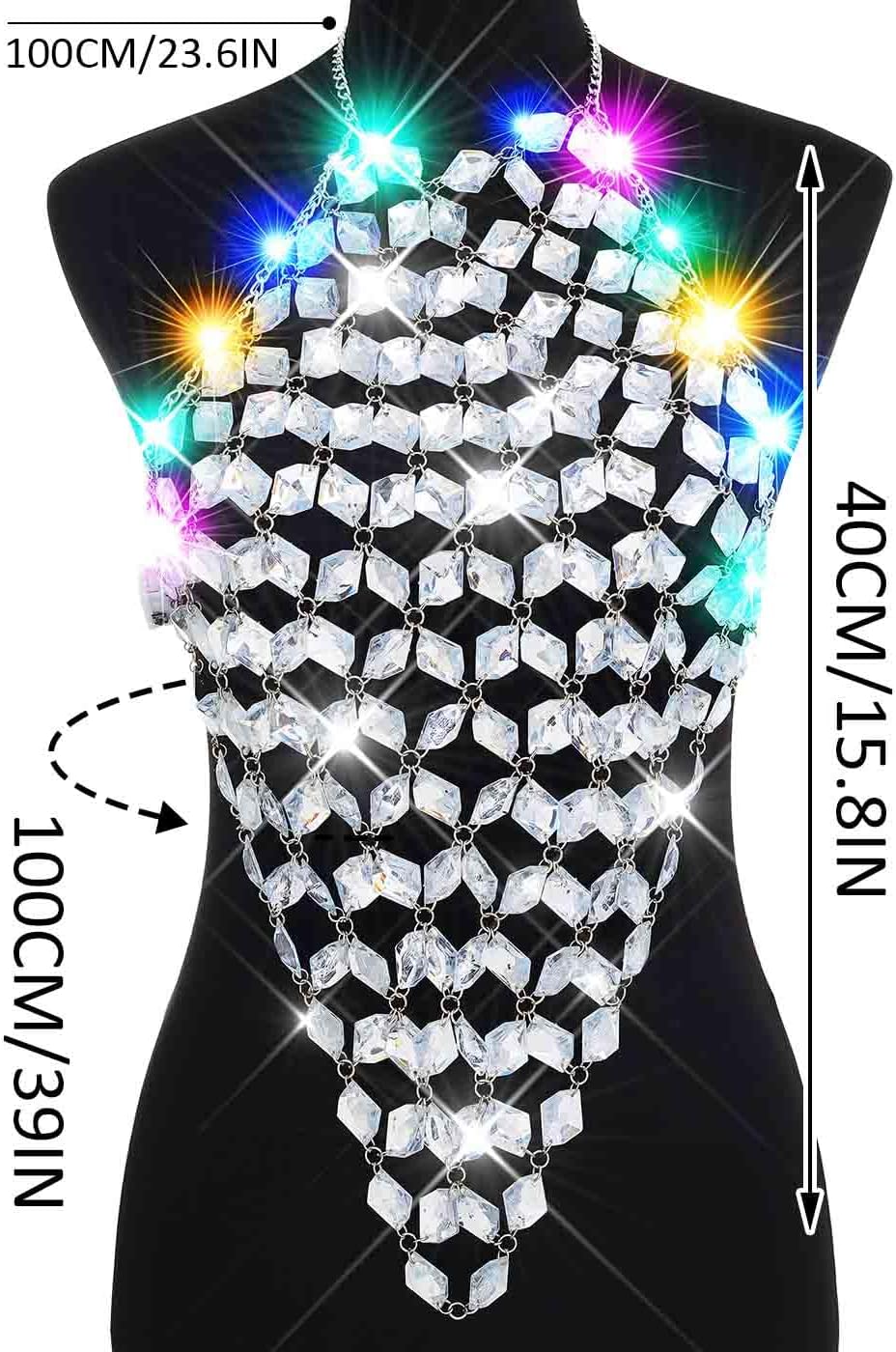 BODIY Light Up Crystal Bra Chain top LED Rhinestones chest chain Sparkly Body Jewelry for Women