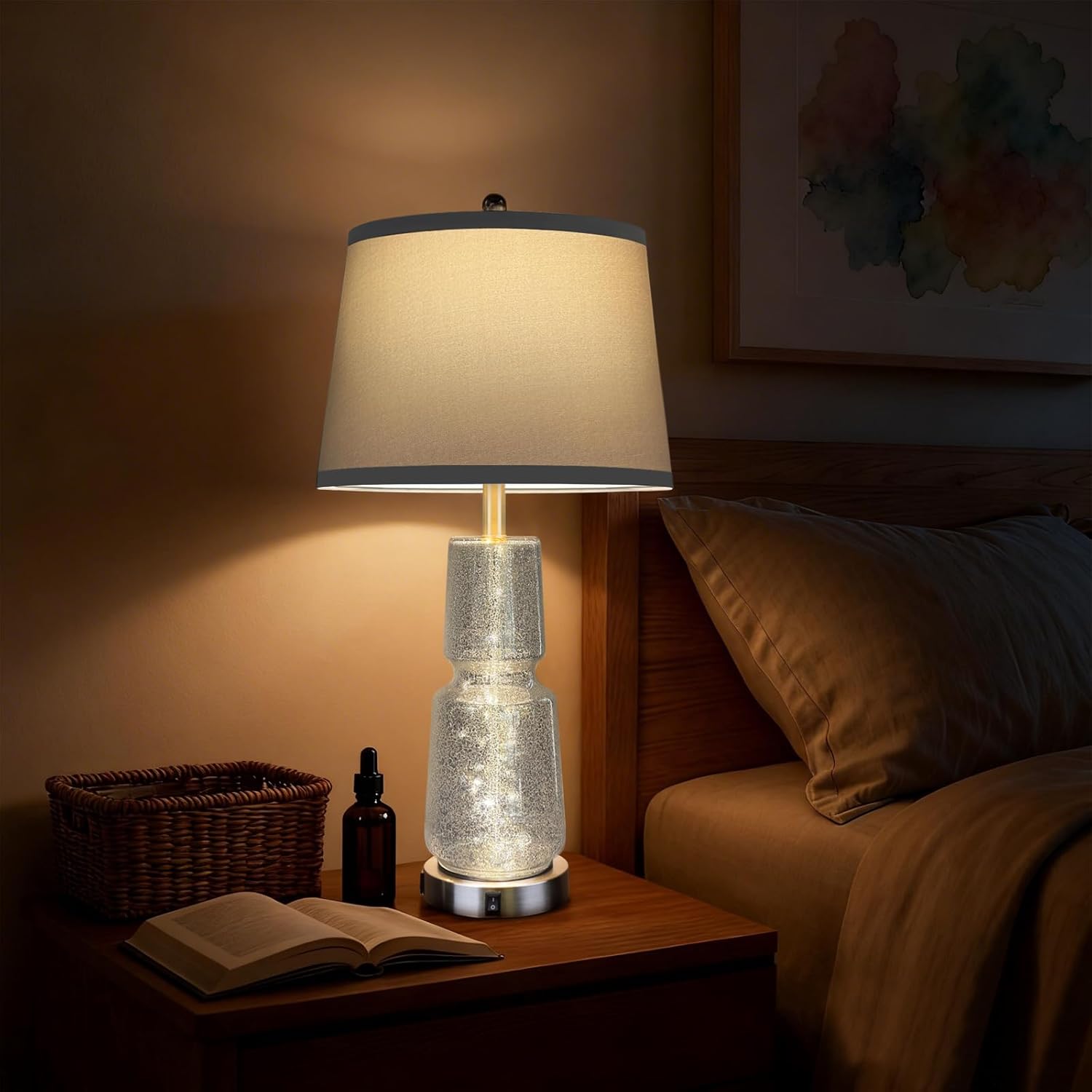 Glass Table Lamp Set of 2 with USB A+C Ports, Dual Light Sources with Nightlight for Sleep, 3-Color Adjustable Bedside Lamps, 26" Textured Silver Lamps for Bedroom, Home Office