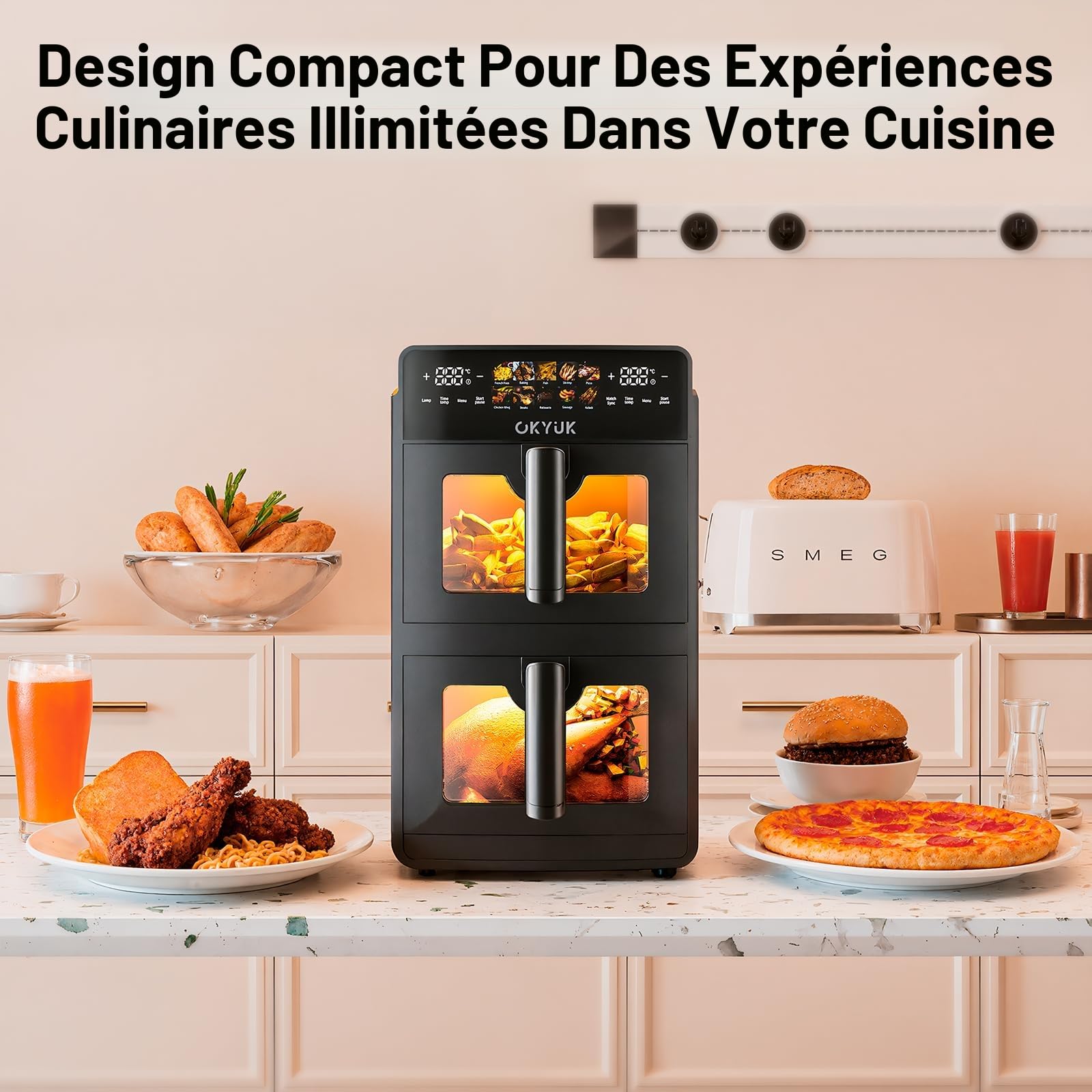 Air Fryer 2 Compartiments 10L, Friteuse à Air sans Huile Airfryer avec Fenêtre de Visualisation - Friteuses Double 10 Programmes Prédéfinis, Robot Cuisine Multifonctions et Accessoire Cuisine Idéal