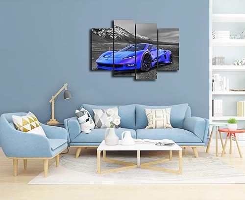 Miniatura 3 de Meigan Art - Póster de pared en blanco y negro, 4 piezas, diseño de automóvil deportivo azul, lienzo grande para habitación de niños, dormitorio,