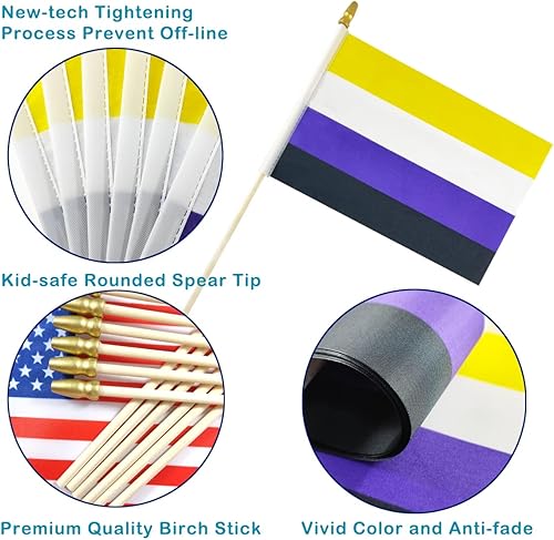 Miniatura 3 de Newperlite Nonbinary NB Pride Stick - Banderas pequeñas de mano LGBT - Poste de madera maciza y parte superior de lanza, paquete de 12, 5 x 8