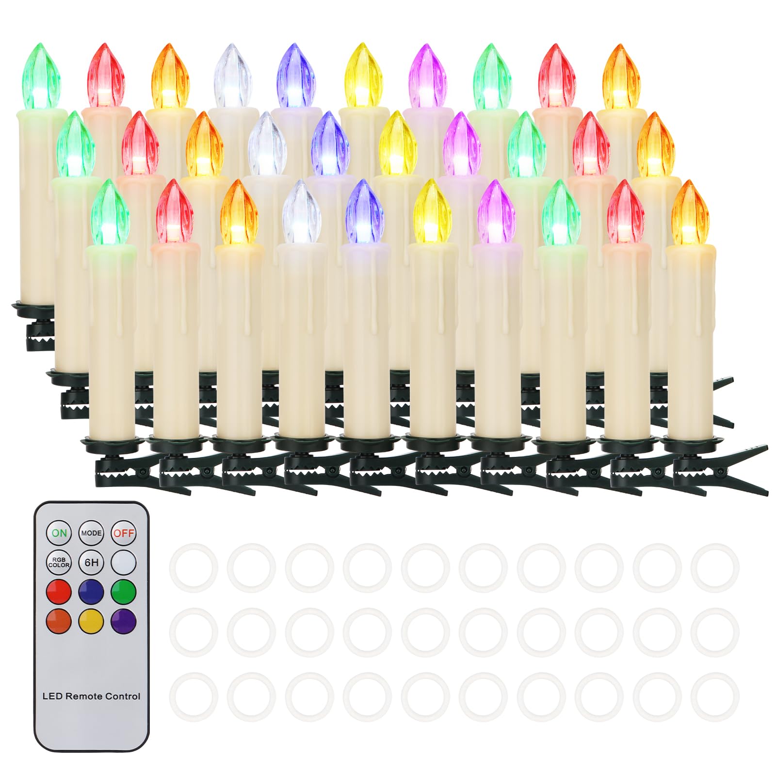 Daord 30 PCS Colorful Christmas Tree Candle Lights Battery Powered Remote Control LED Taper Candles with Clip Electric Fake Candles for Halloween Garden Holiday Wedding Parties Decor (30 PCS,Colorful)